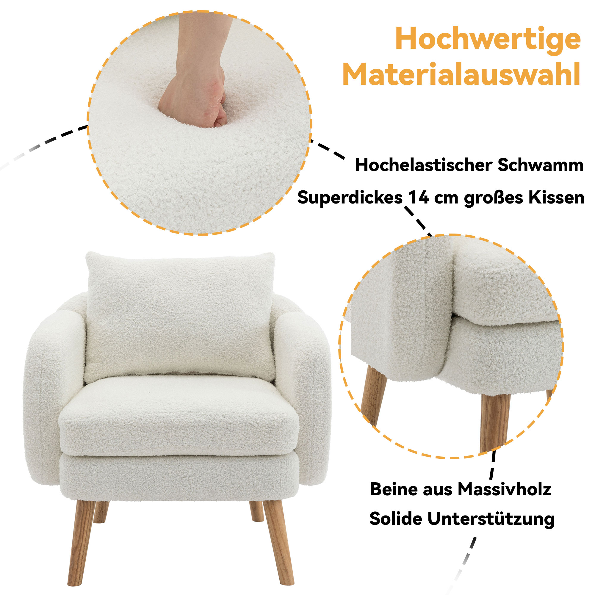 Weißer Sessel mit abgerundeter Rückenlehne und Holzbeinen, Kissen-Details hervorgehoben.