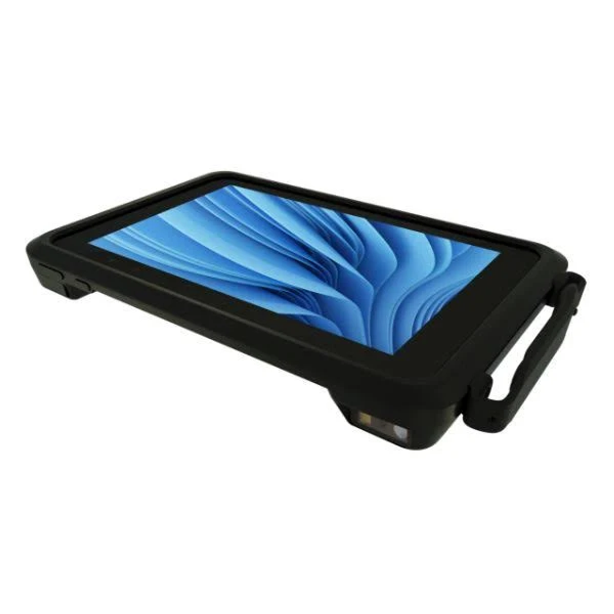 Dispositivo portatile nero con schermo, maniglia laterale e scanner.