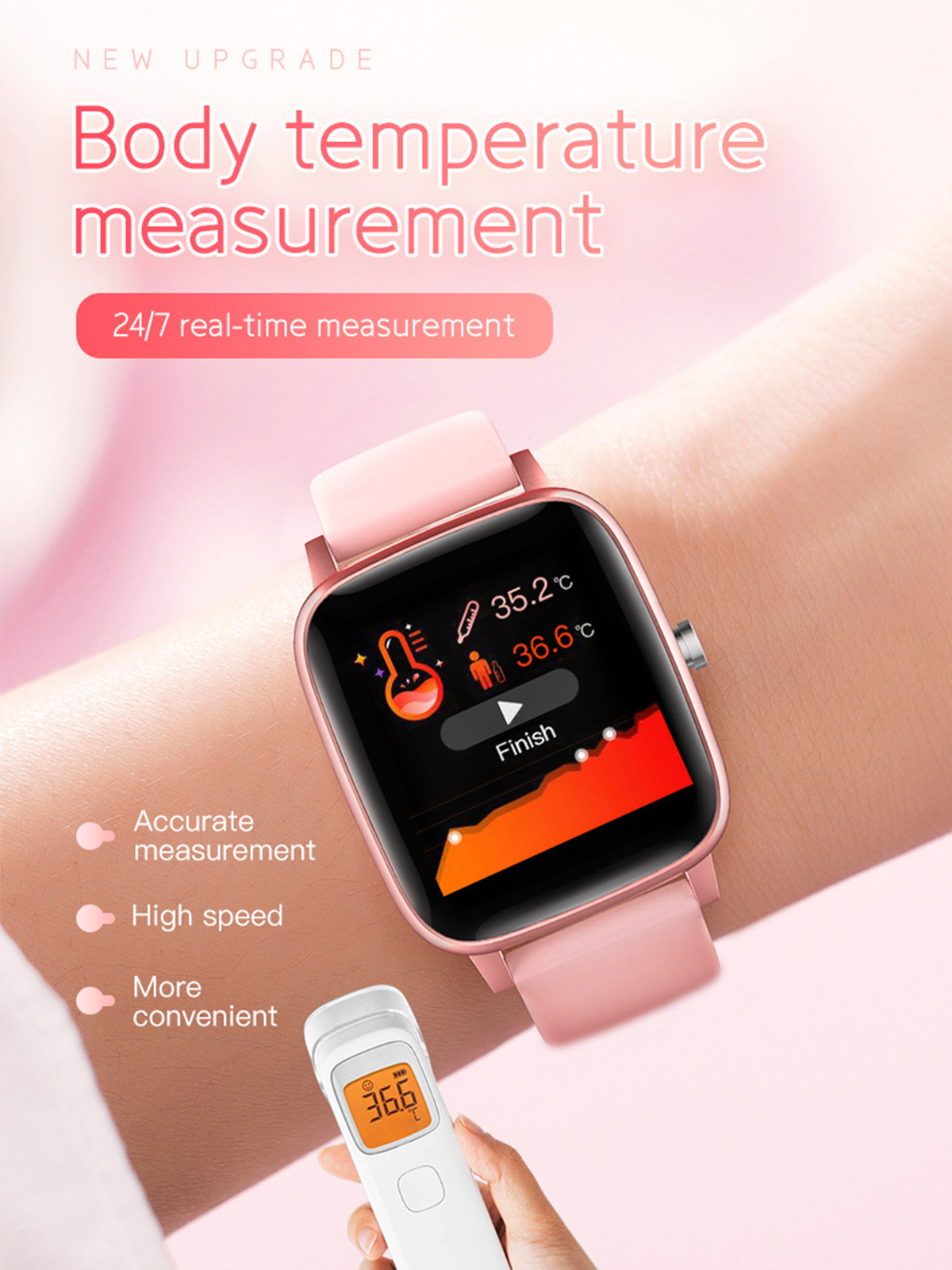 Smartwatch am Handgelenk. Zeigt die Körpertemperaturmessung, mit Thermometer in der Hand.