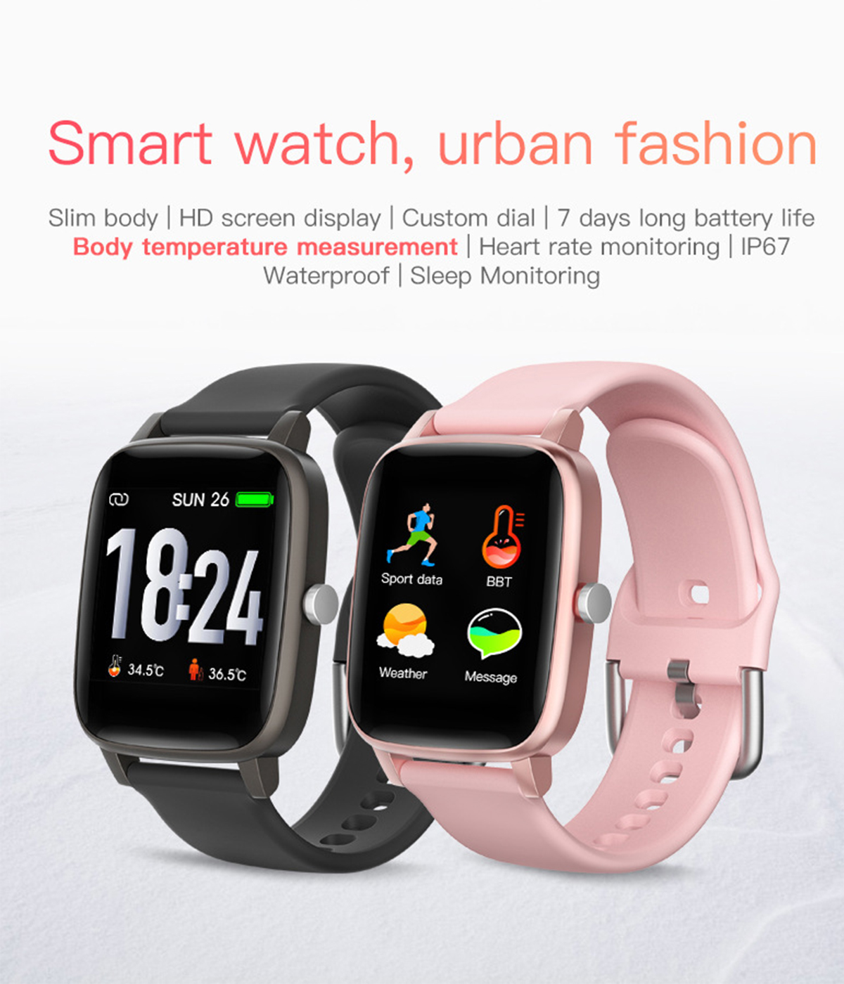 Zwei Smartwatches mit farbigen Armbändern. Eine ist schwarz, die andere rosa. Text steht oben.