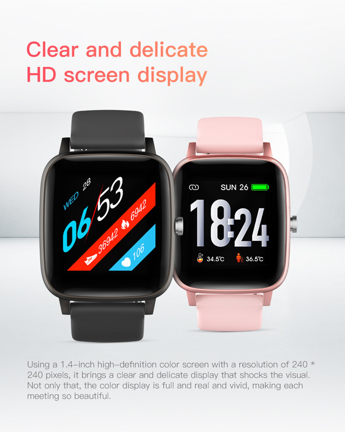 Zwei Smartwatches mit schwarzen und rosa Armbändern, die Zeit und Gesundheitsdaten anzeigen.