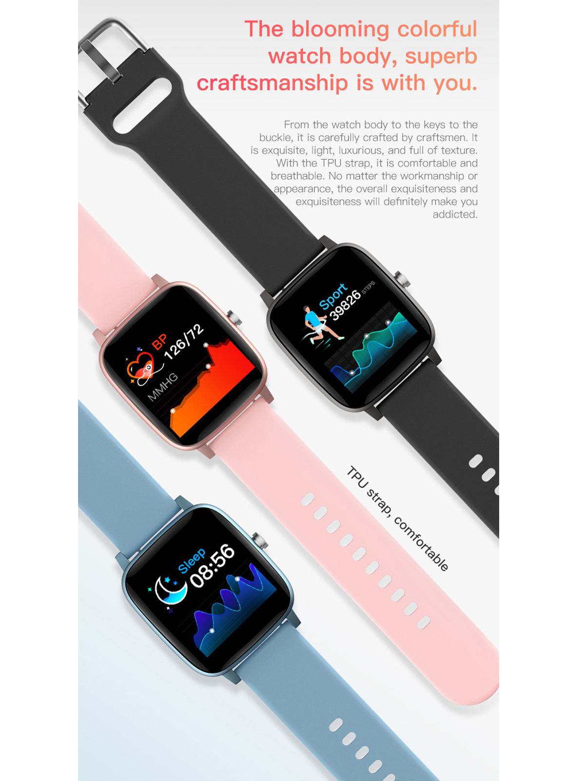 Drei Smartwatches mit bunten Bildschirmen und unterschiedlich farbigen Armbändern werden angezeigt.