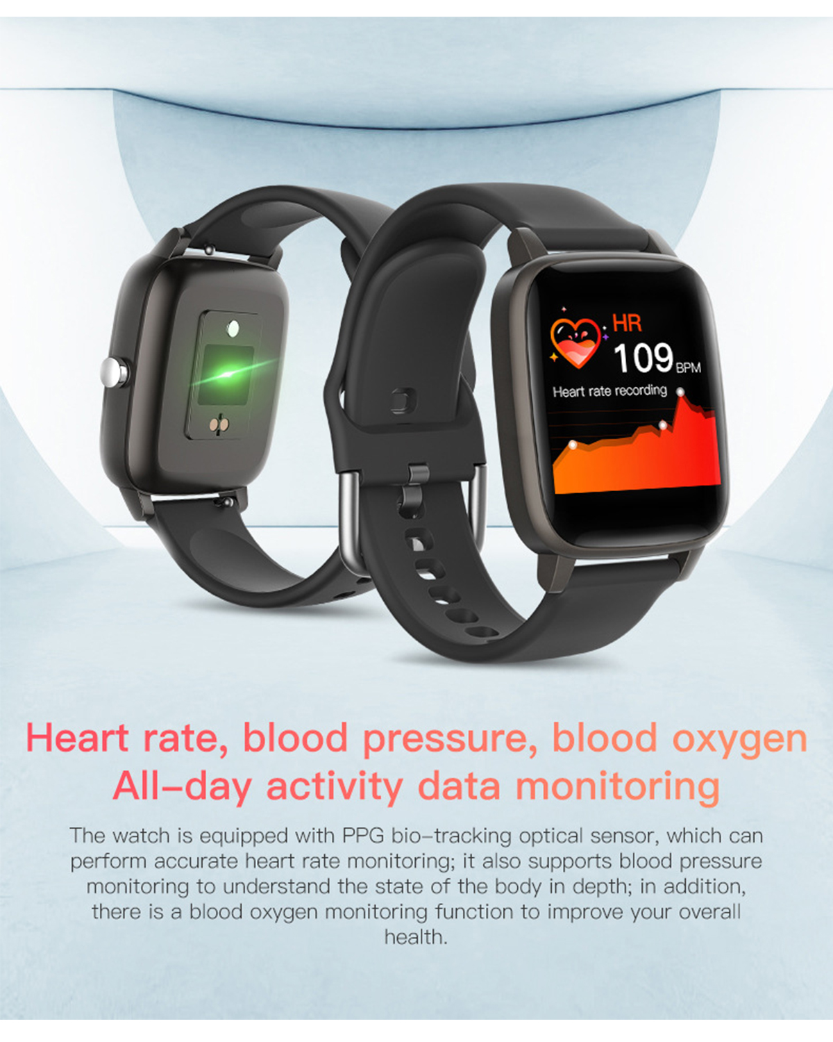 Eine Smartwatch mit schwarzem Band zeigt die Herzfrequenz an. Die Uhr liegt auf einer hellen Oberfläche.