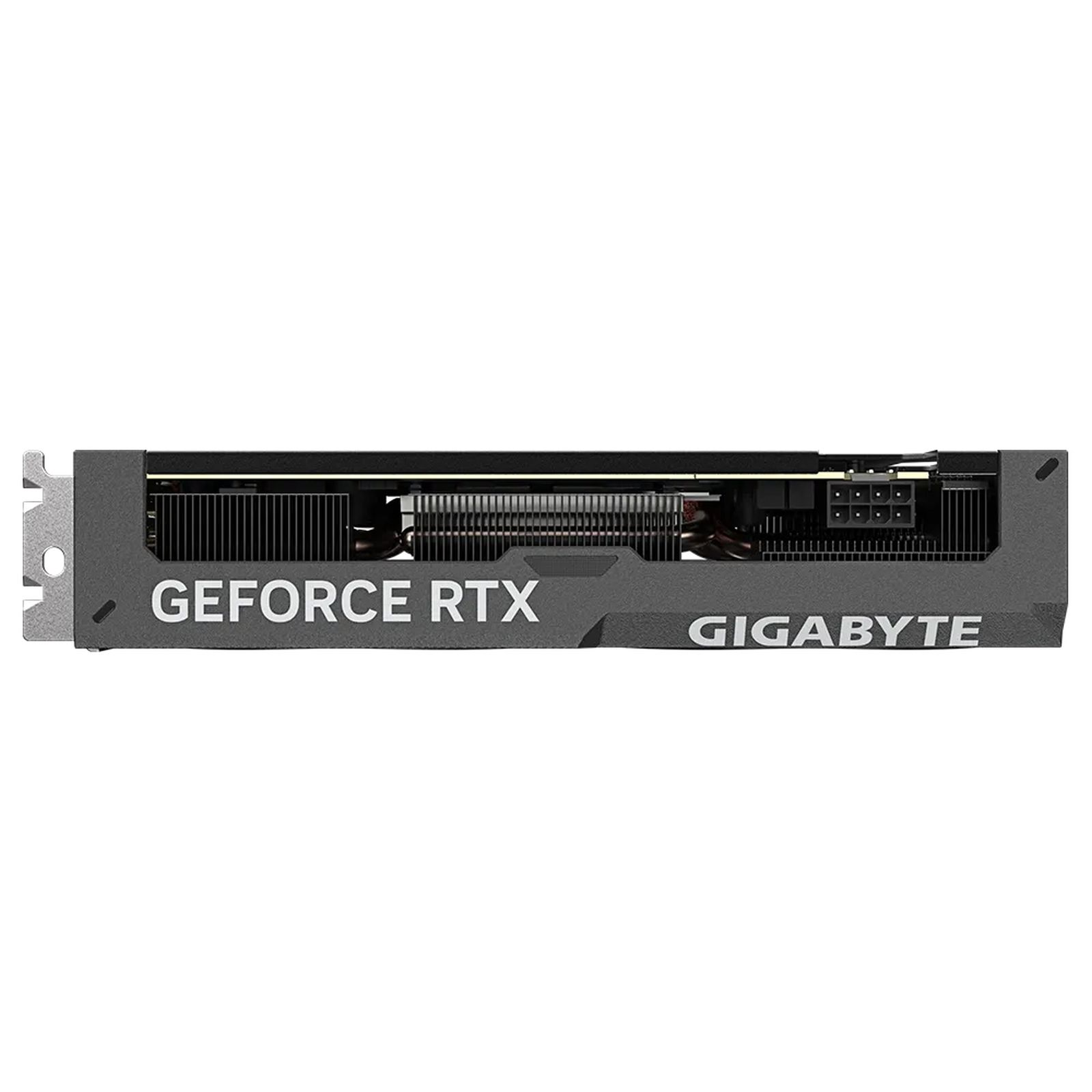 Una scheda grafica nera e grigia con la scritta "GEFORCE RTX GIGABYTE" su sfondo bianco.