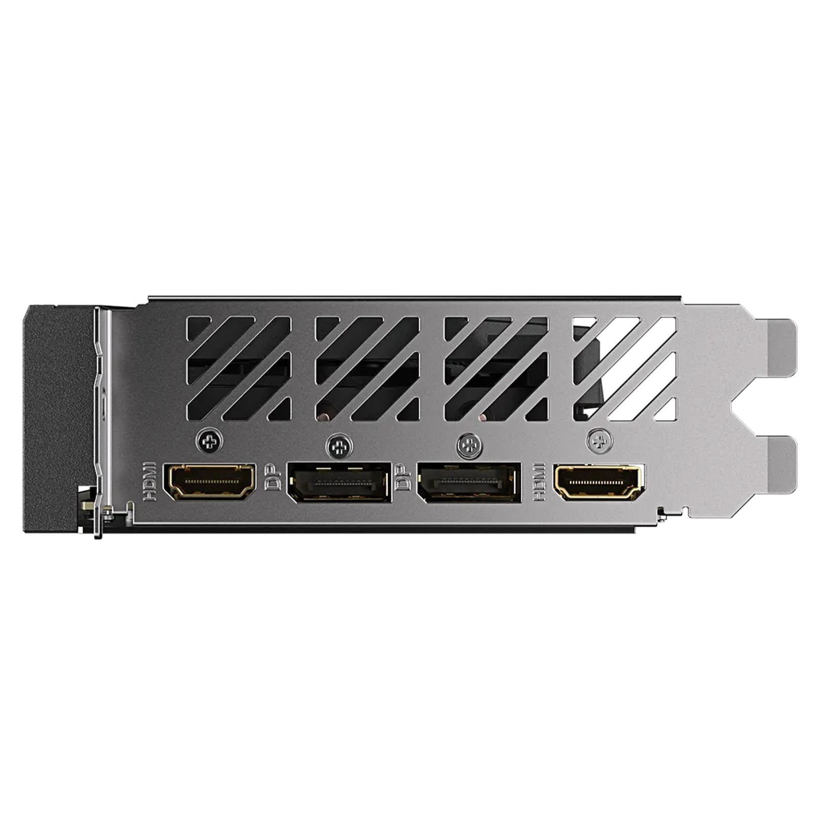 Una scheda grafica argento e nera con varie porte. Le porte includono HDMI e altre porte di connessione.
