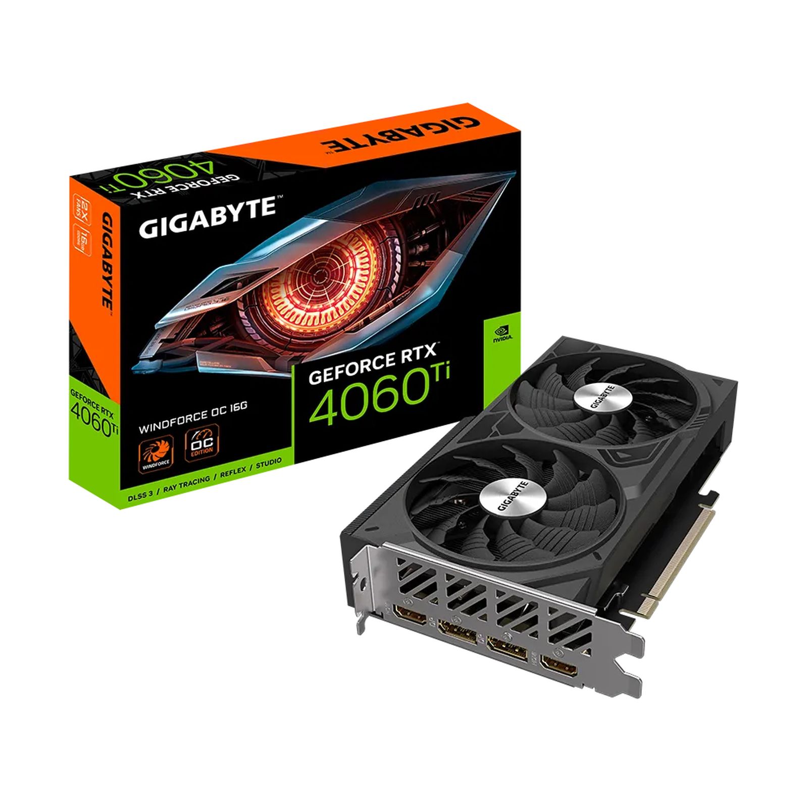 Scheda grafica Gigabyte GeForce RTX 4060 Ti con scatola, ventole nere.
