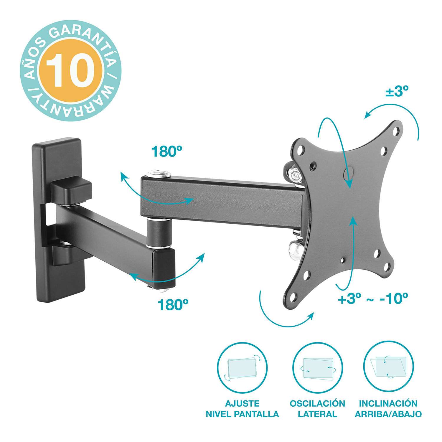 Soporte de pared para TV negro con ajustes y logo de garantía de 10 años.