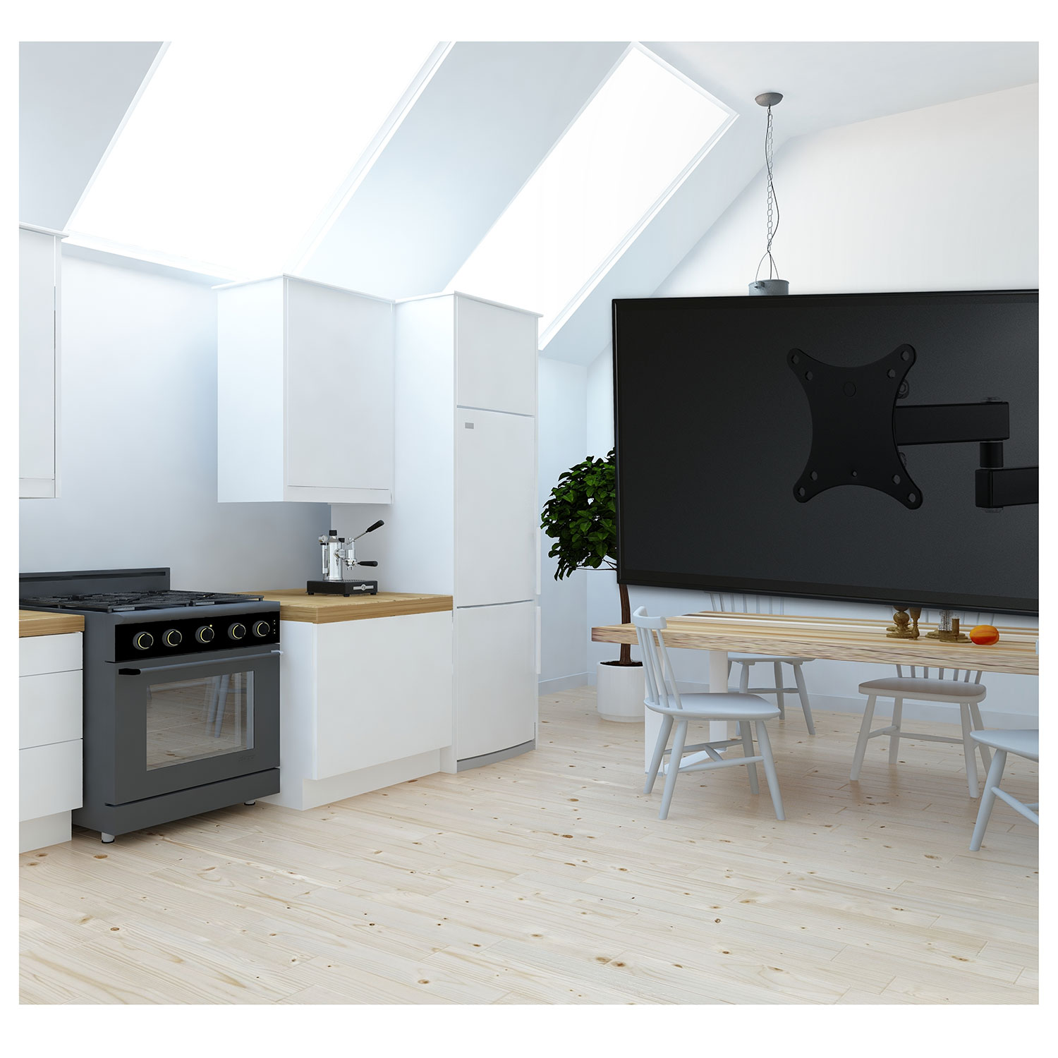 Cocina moderna con gabinetes blancos, horno gris y TV montado en la pared.