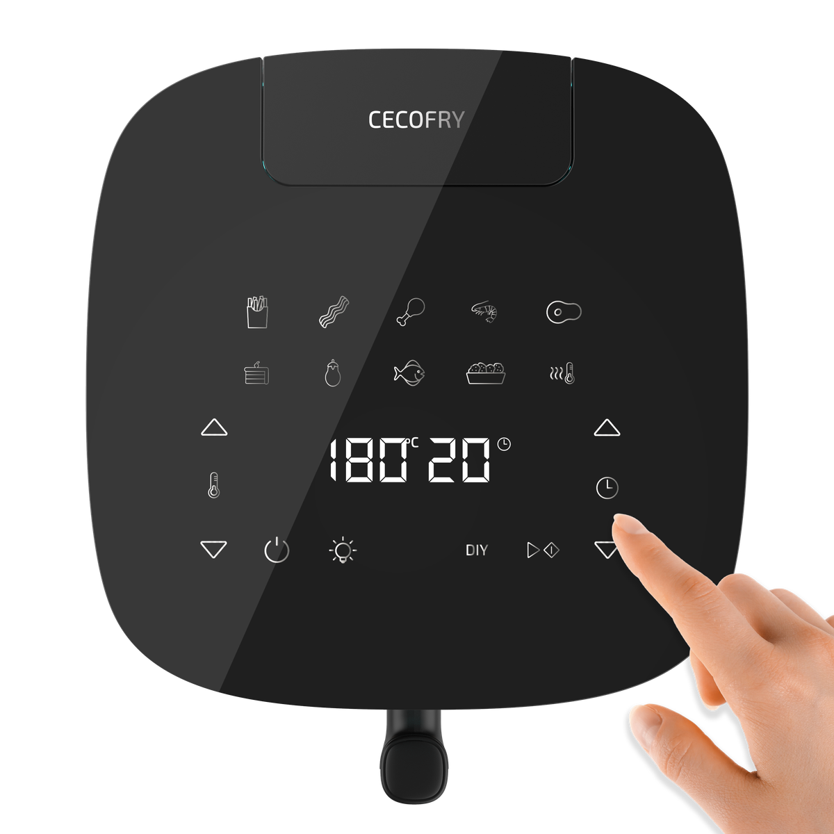 Zwart bedieningspaneel van een airfryer met pictogrammen en een hand die een knop aanraakt.