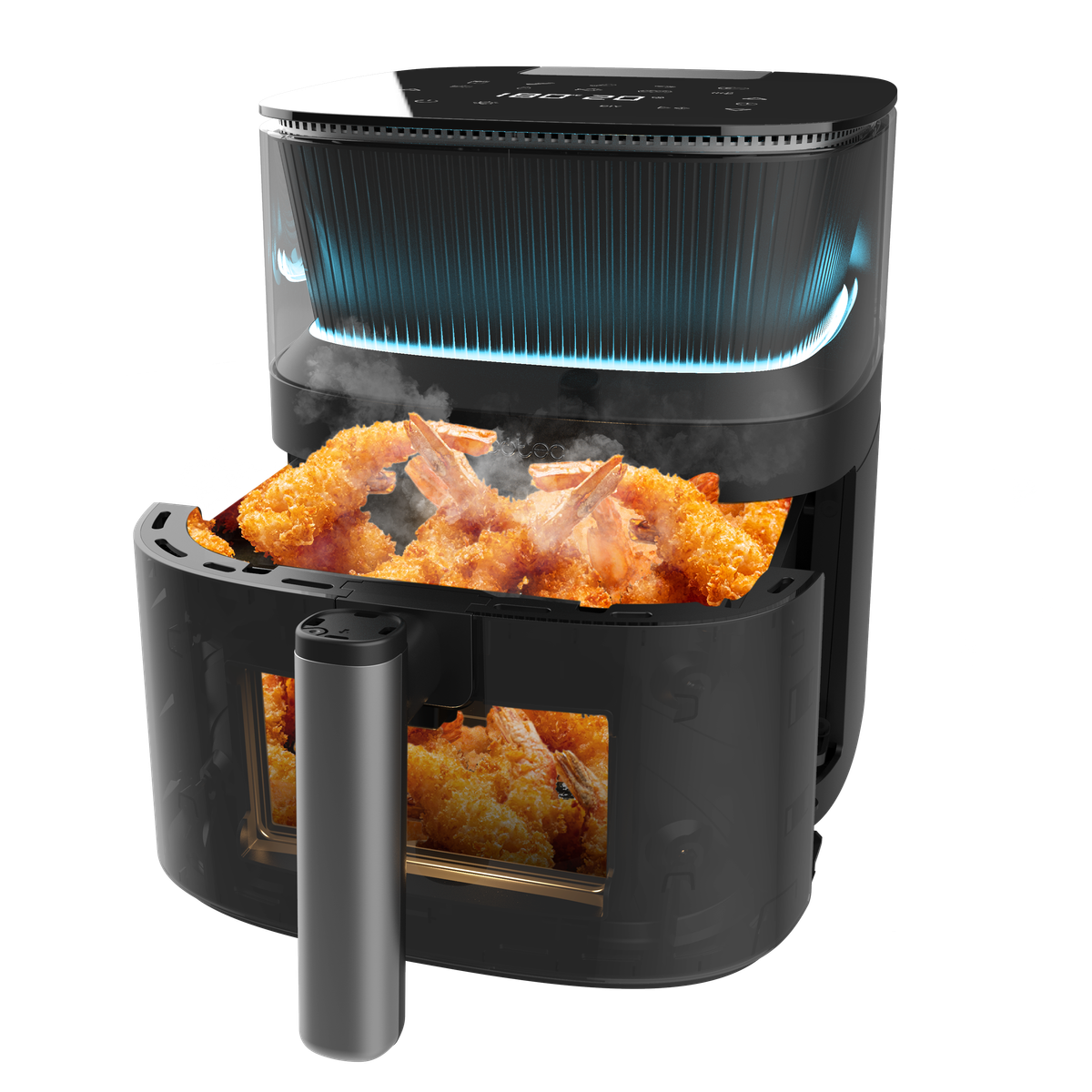 Zwarte airfryer met eten erin en een zilveren handvat, op een donkere achtergrond.