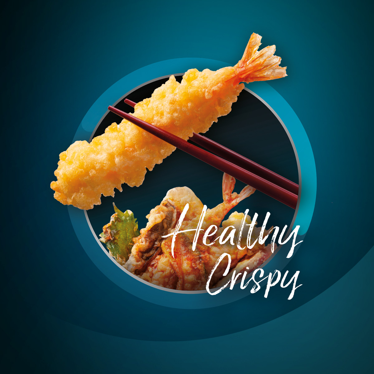 Tempura garnalen met eetstokjes, op een blauwe achtergrond, tekst 'Healthy Crispy'.