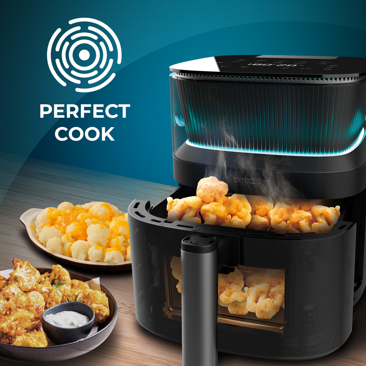 Zwarte airfryer met bloemkool op borden, stoom stijgt op, witte achtergrond met tekst.