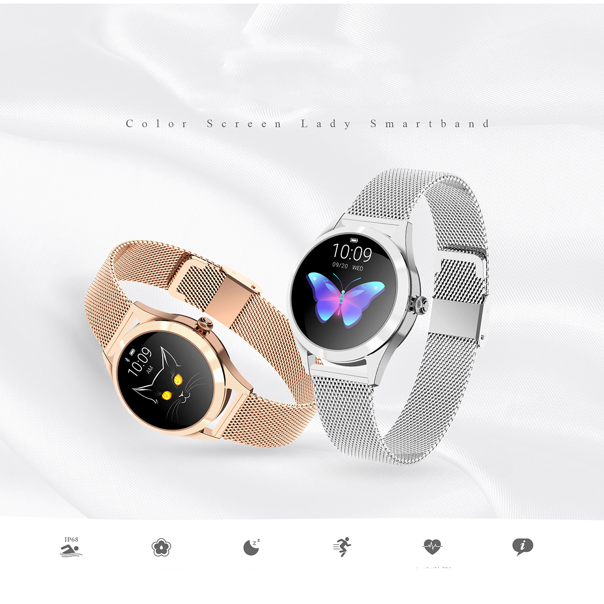 Zwei Smartwatches mit Metallbändern auf weißer Oberfläche. Eine Uhr zeigt eine Schmetterlingsgrafik.