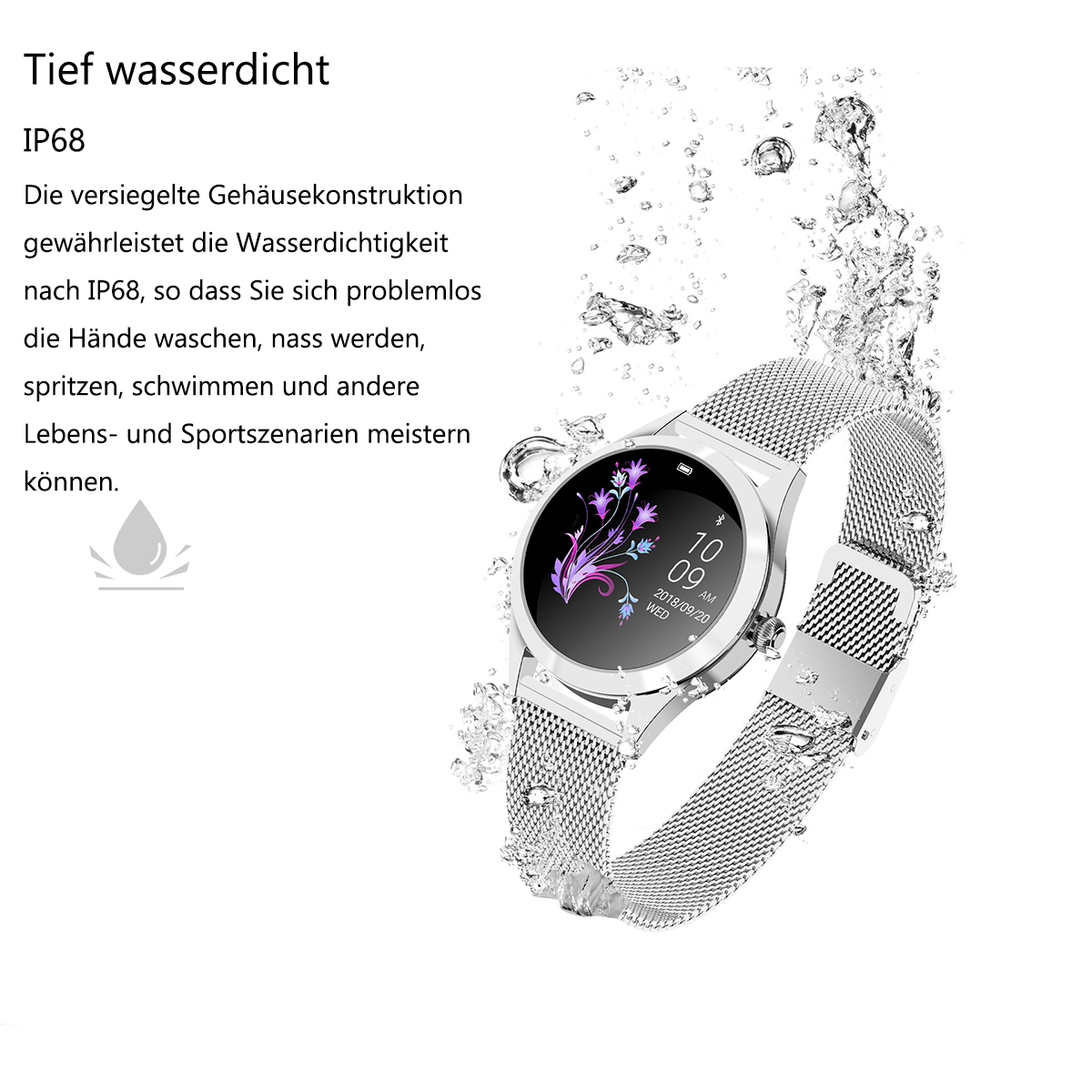 Eine silberne Smartwatch, die in Wasser getaucht ist, mit Text über ihre IP68-Wasserdichtigkeit.