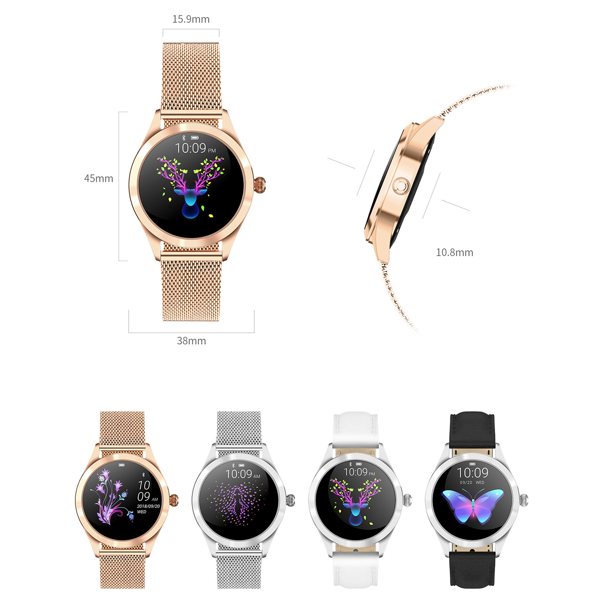 Vier Uhren mit verschiedenen Zifferblättern und Armbändern. Abmessungen angegeben.
