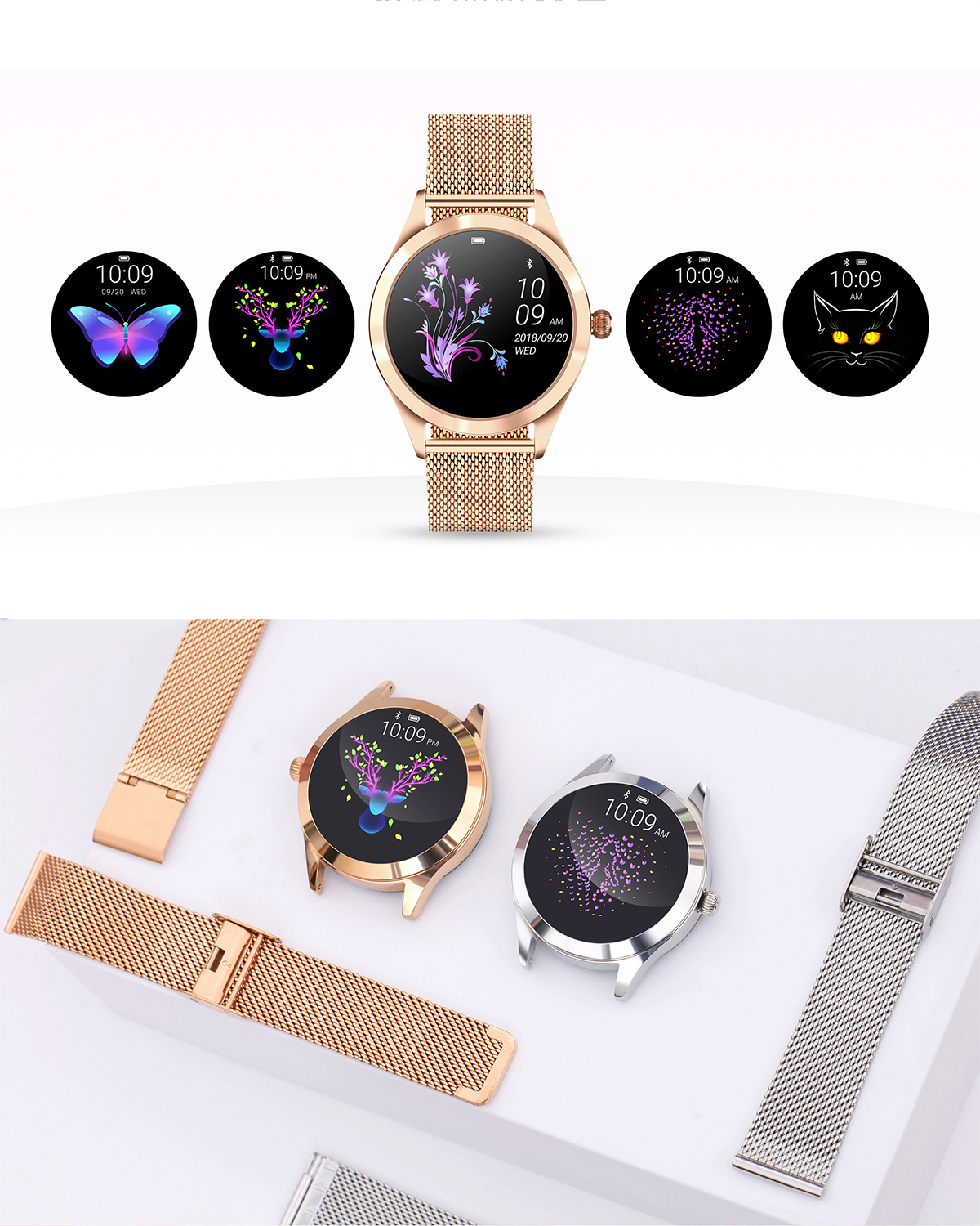Goldene Smartwatch mit mehreren Bildschirmanzeigen, die verschiedene Zifferblätter zeigen.