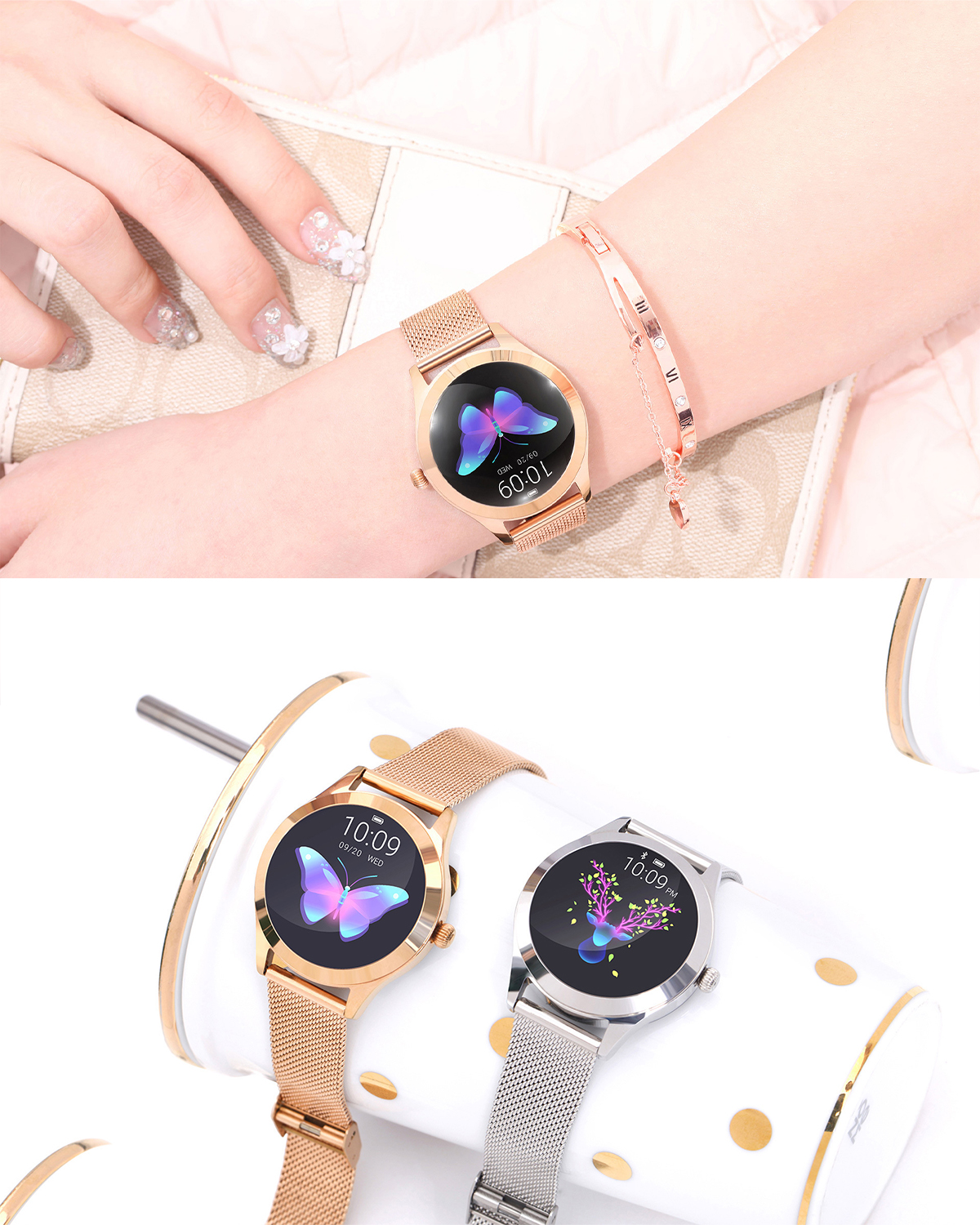 Zwei Frauen mit goldenen und silbernen Smartwatches. Schmetterlingsanzeige auf dem Zifferblatt. Armband und Tasse im Hintergrund.