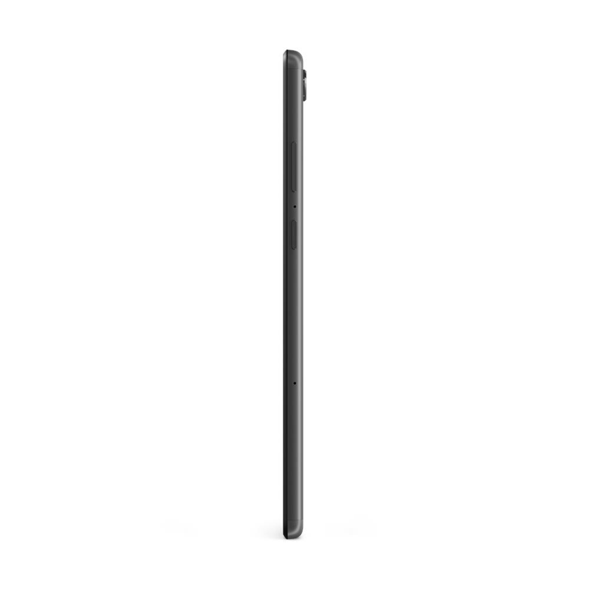 Vue latérale d'une tablette noire. Montre un profil mince avec des boutons d'alimentation et de volume.