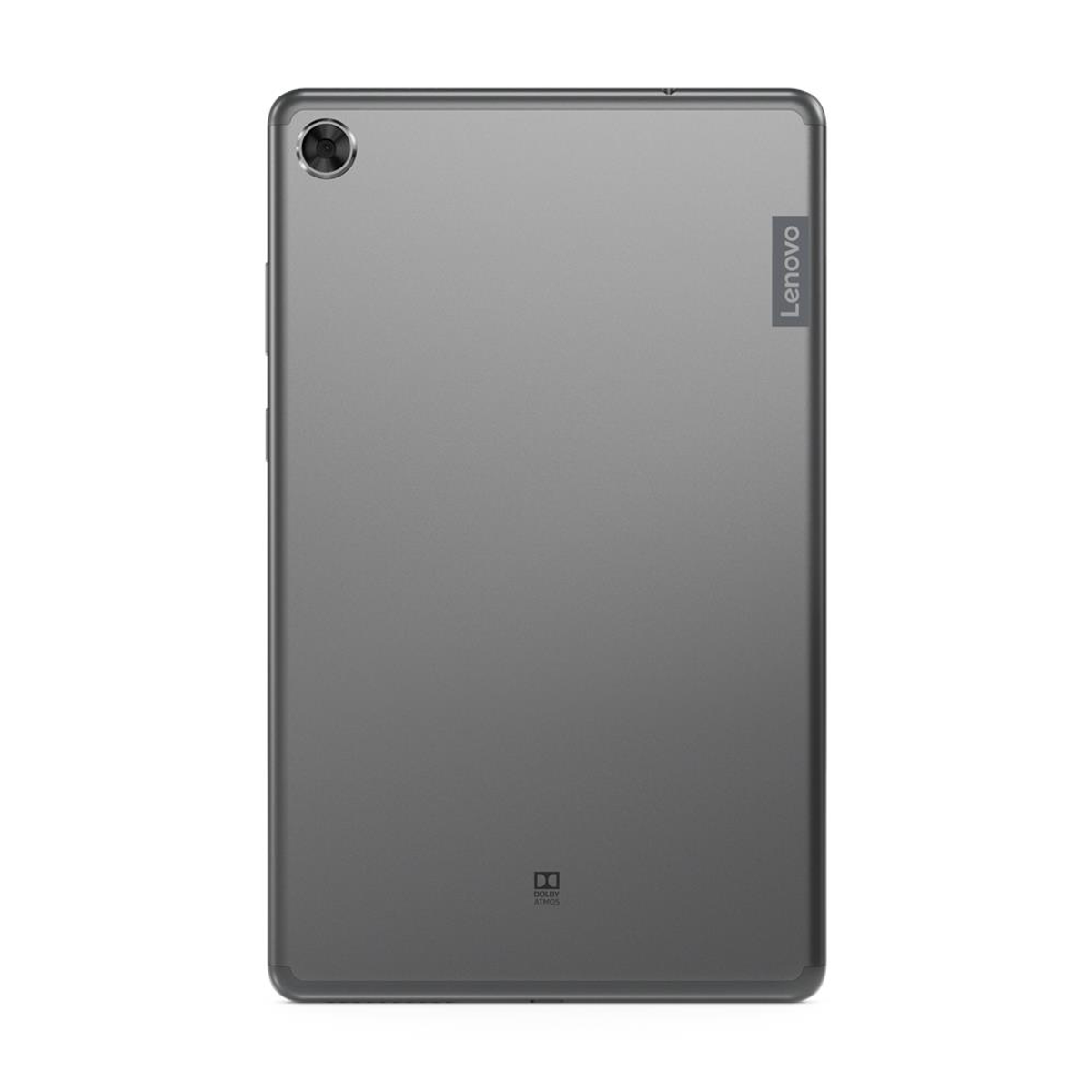 Tablette Lenovo grise, vue arrière, caméra sur le côté.