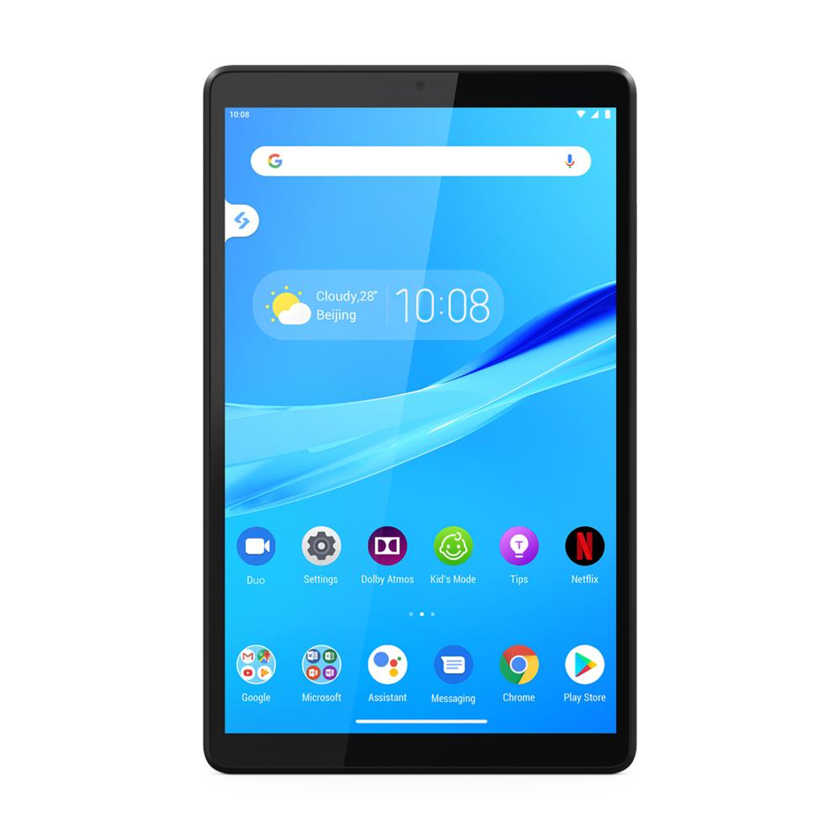 Tablette noire avec un écran lumineux affichant des icônes. L'heure et la météo sont en haut.