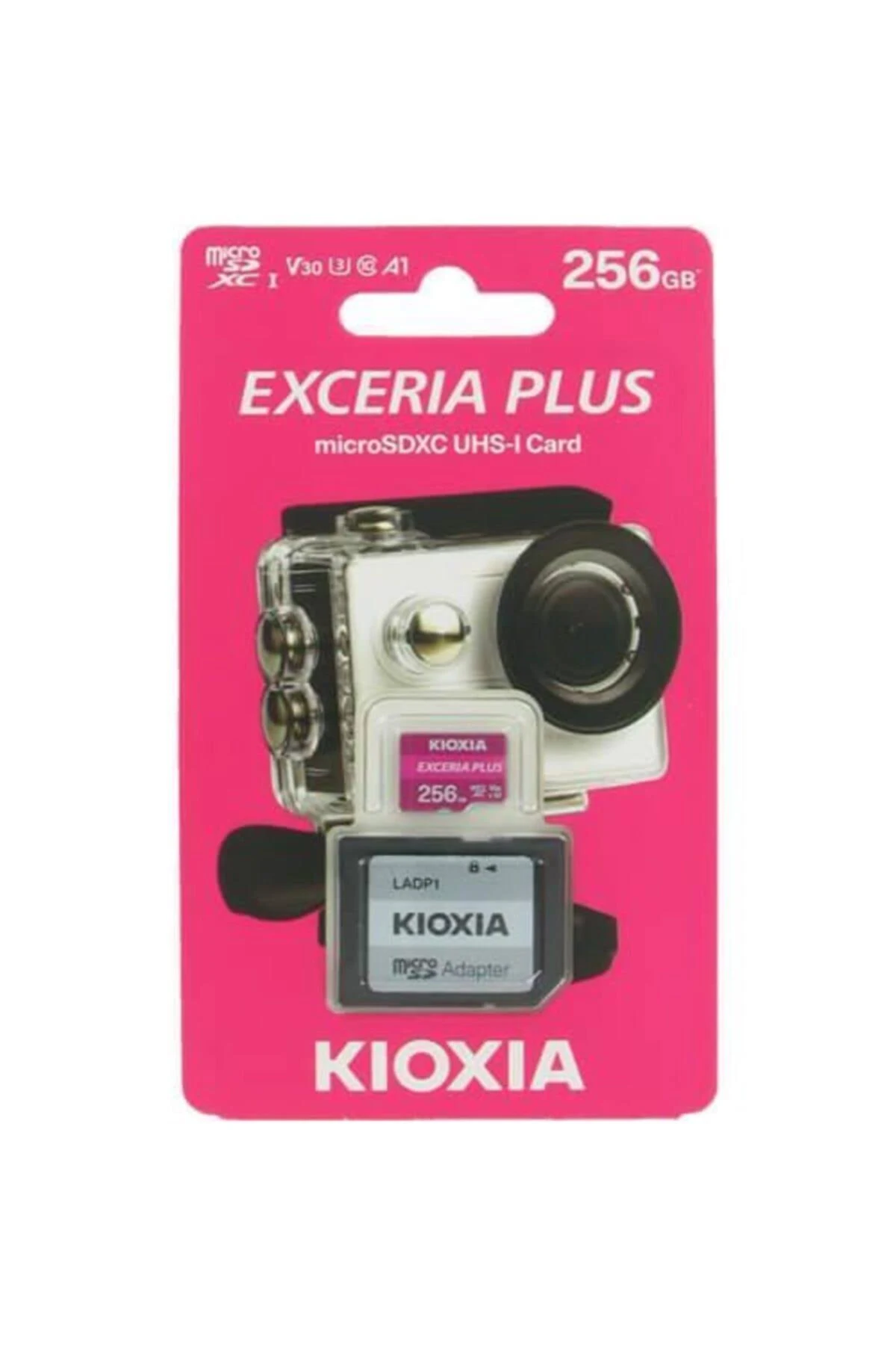Pacchetto rosa con fotocamera e scheda SD. Testo: EXCERIA PLUS, 256GB, KIOXIA.