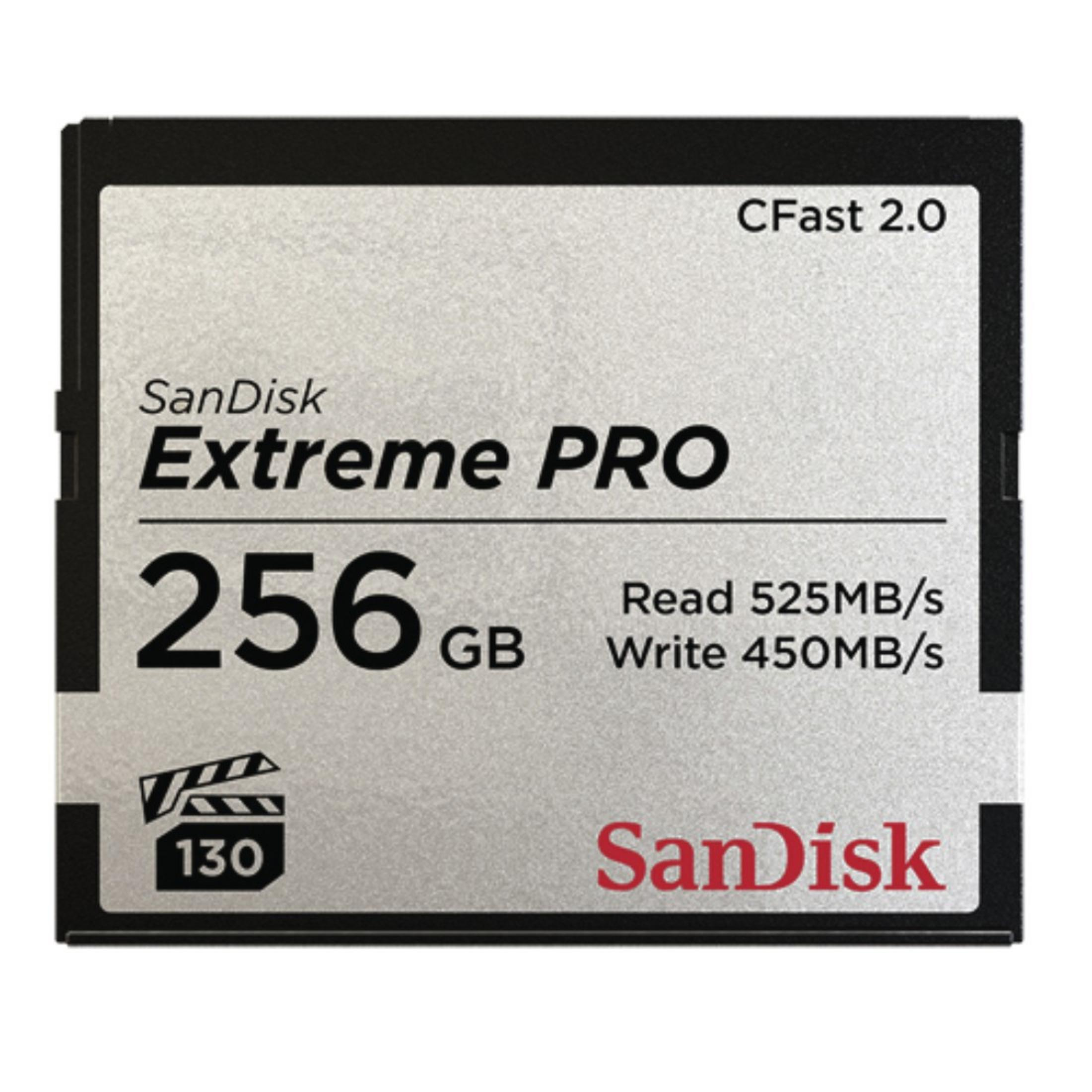 Sandisk Extreme Pro 256GB CFast 2.0 Karte. Schwarz und weiß mit Text und Logos.