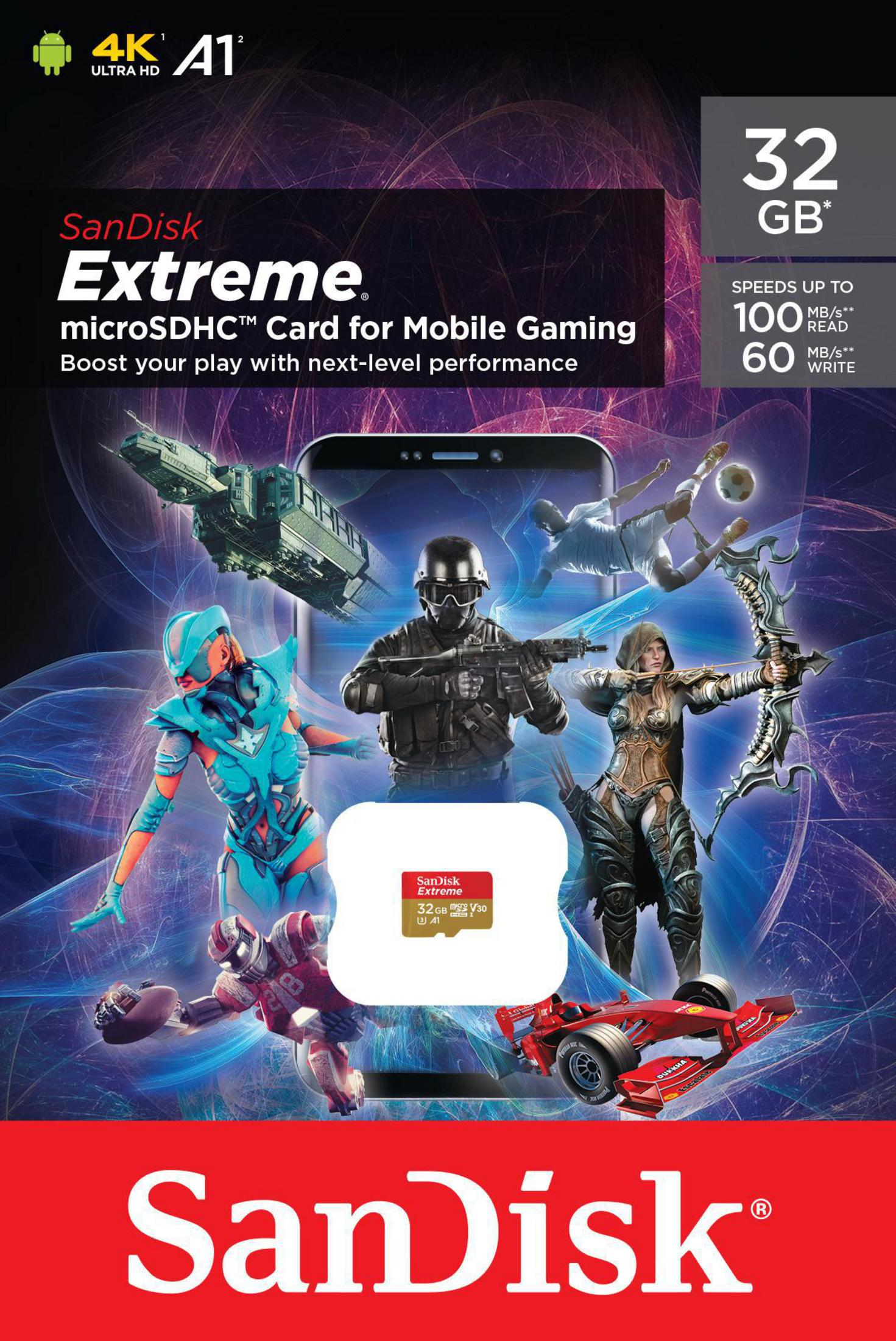 SanDisk Extreme microSD-Karte mit Gamern und Charakteren. Enthält eine 32-GB-Karte.