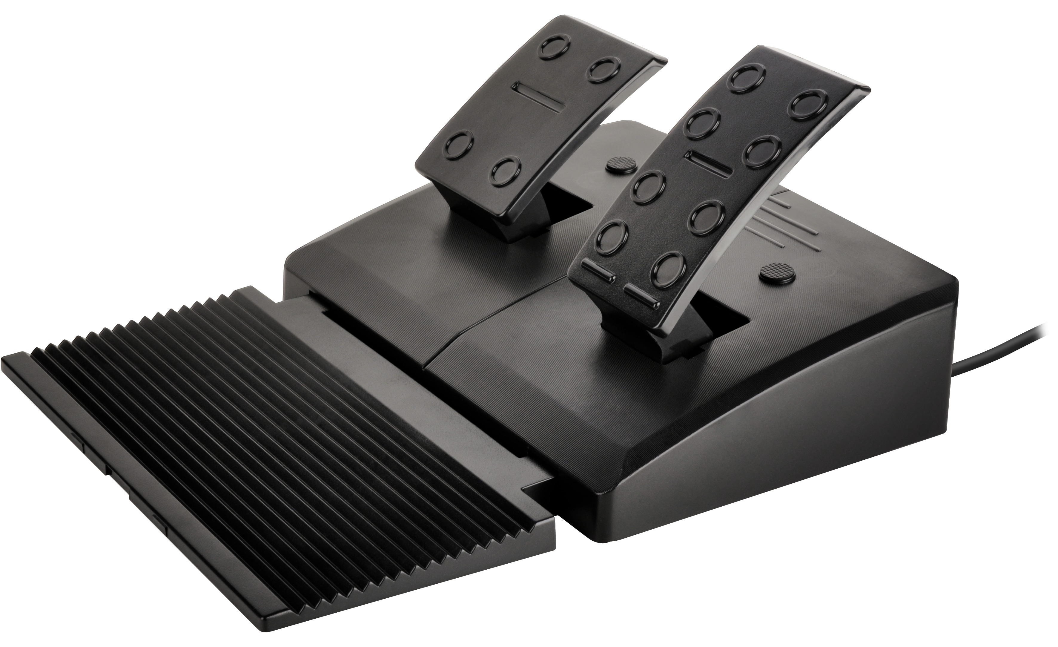 Black racing pedals with two foot pedals and a footrest, on a white background.