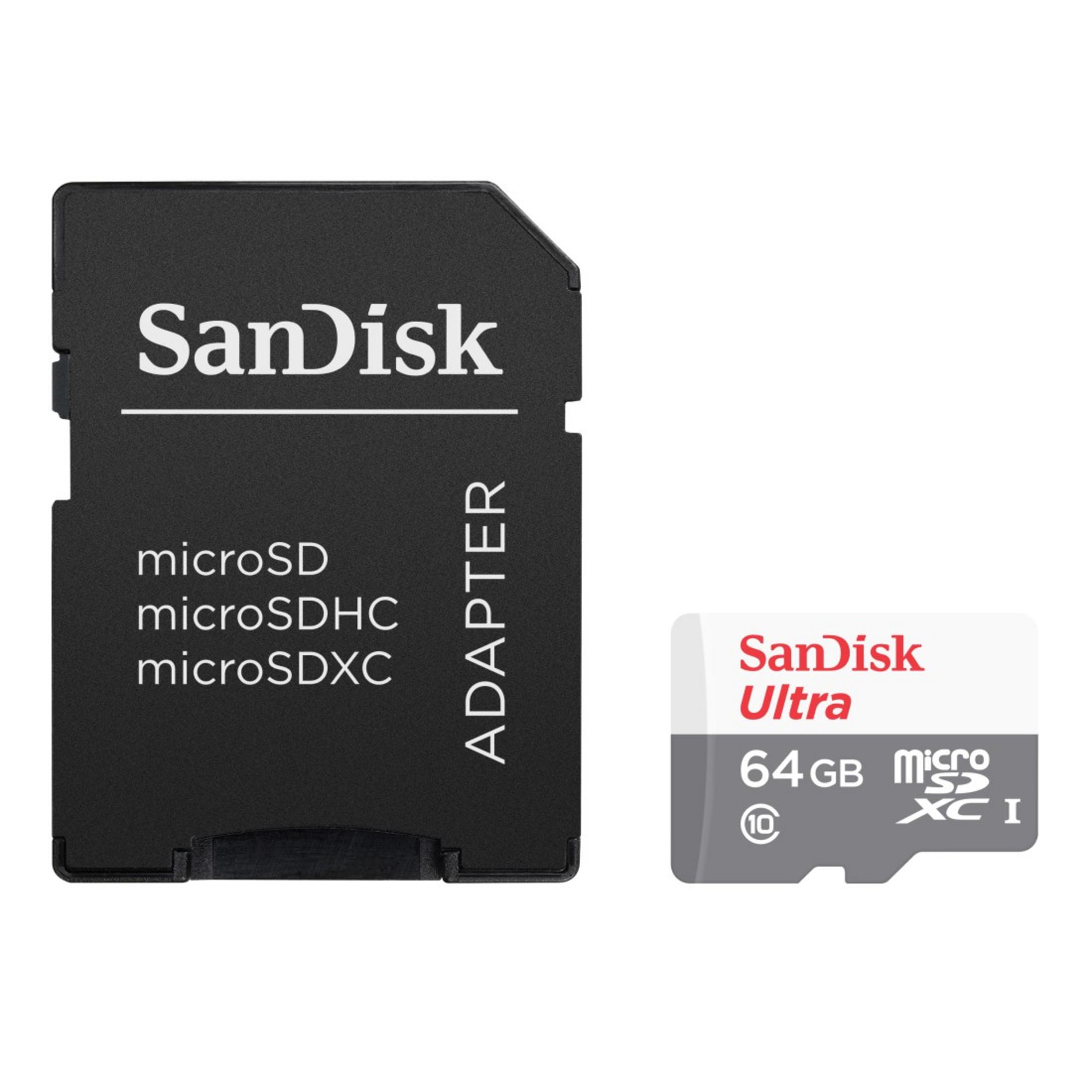 Ein schwarzer SD-Kartenadapter und eine 64GB SanDisk Ultra MicroSD-Karte.