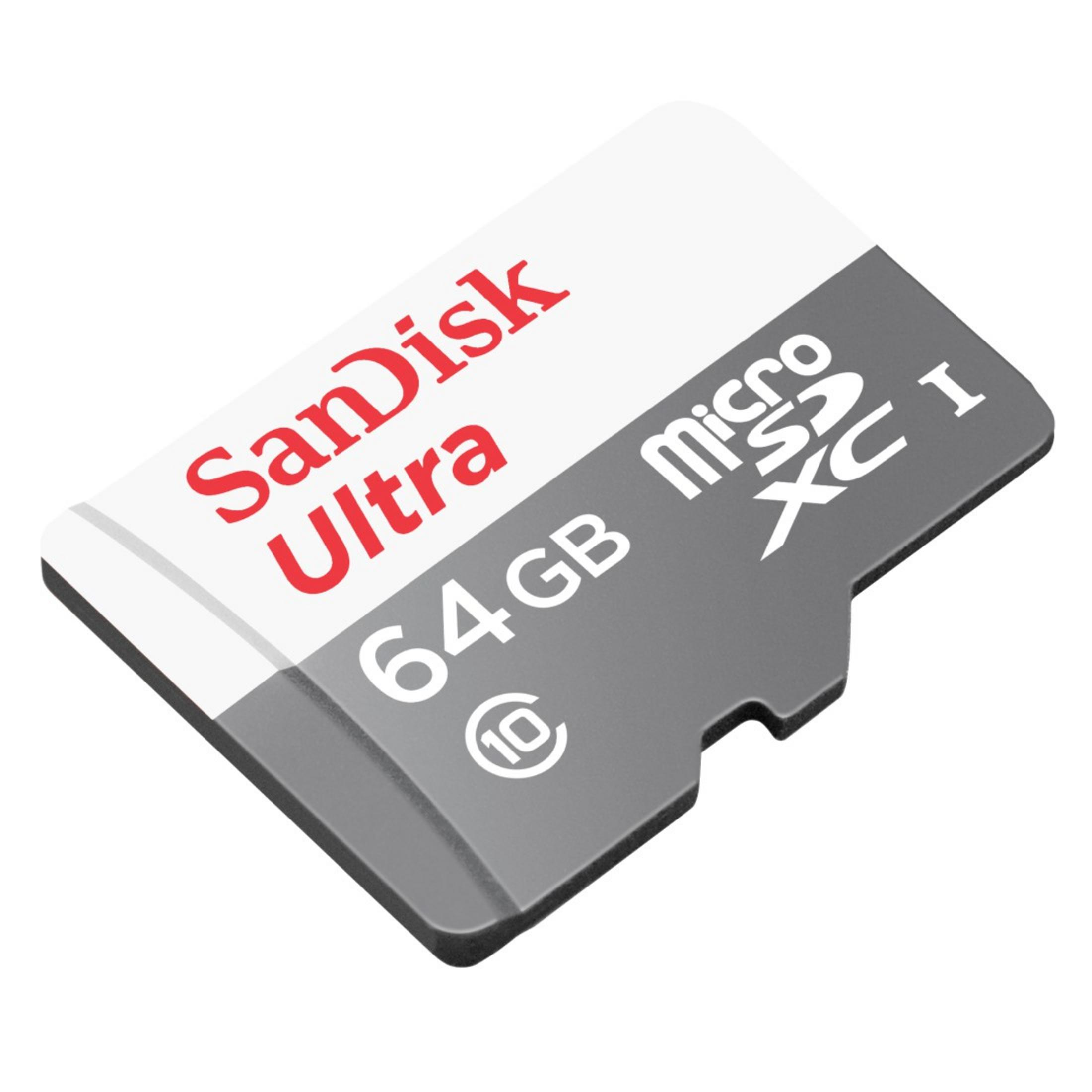 Sandisk Ultra 64GB Micro-SD-Karte. Weiße, graue und rote Farben.