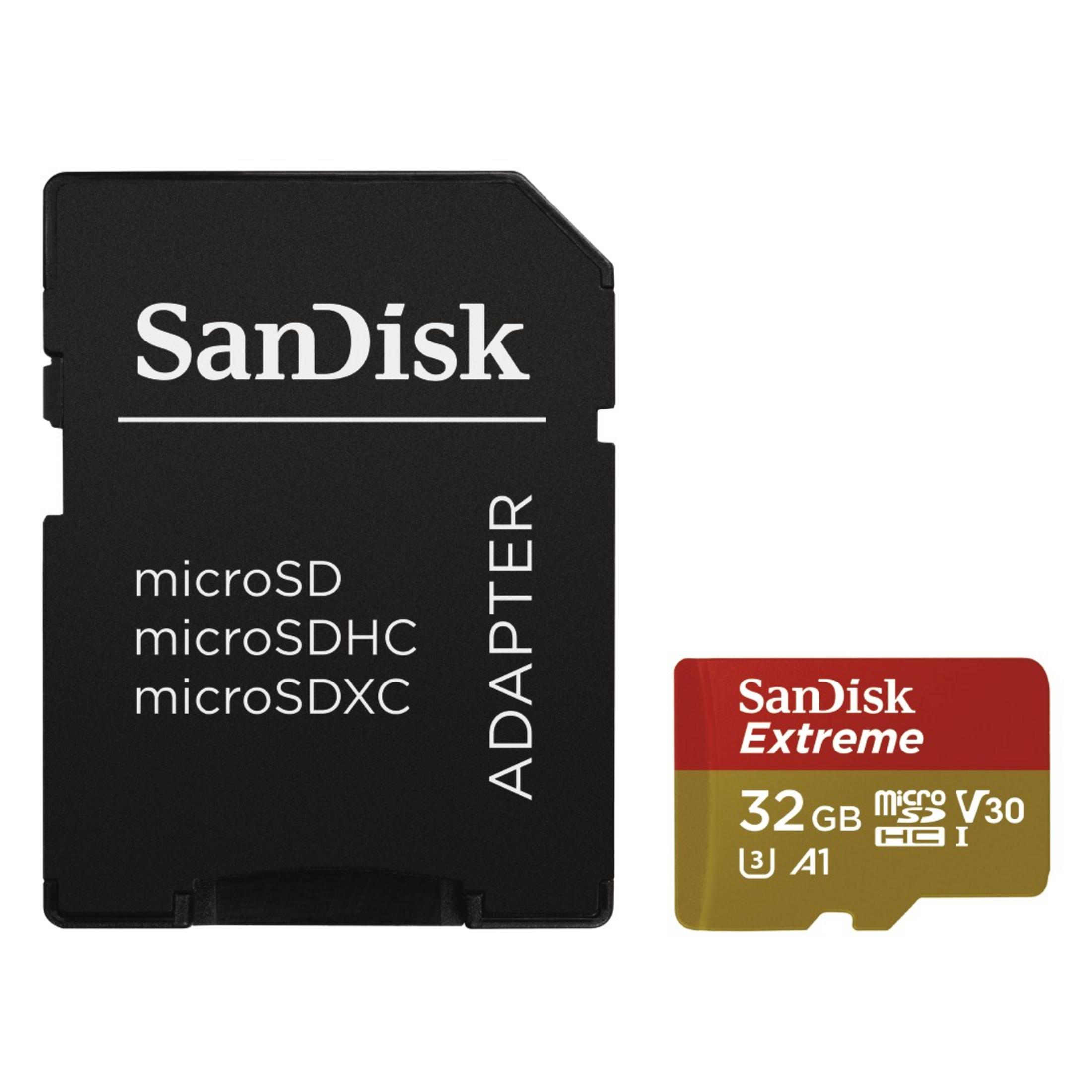 Tarjeta Micro SD y adaptador Sandisk. Adaptador negro, tarjeta roja y negra.