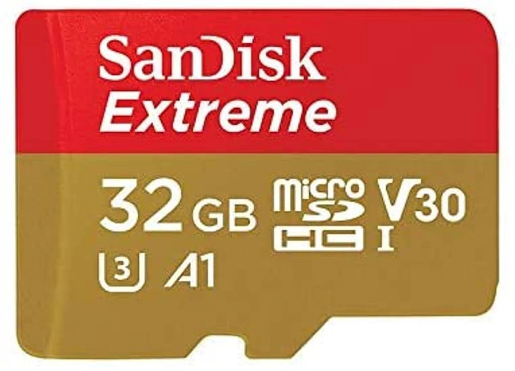 Una tarjeta Micro SD SanDisk Extreme roja y dorada con texto que indica 32 GB y calificación A1.