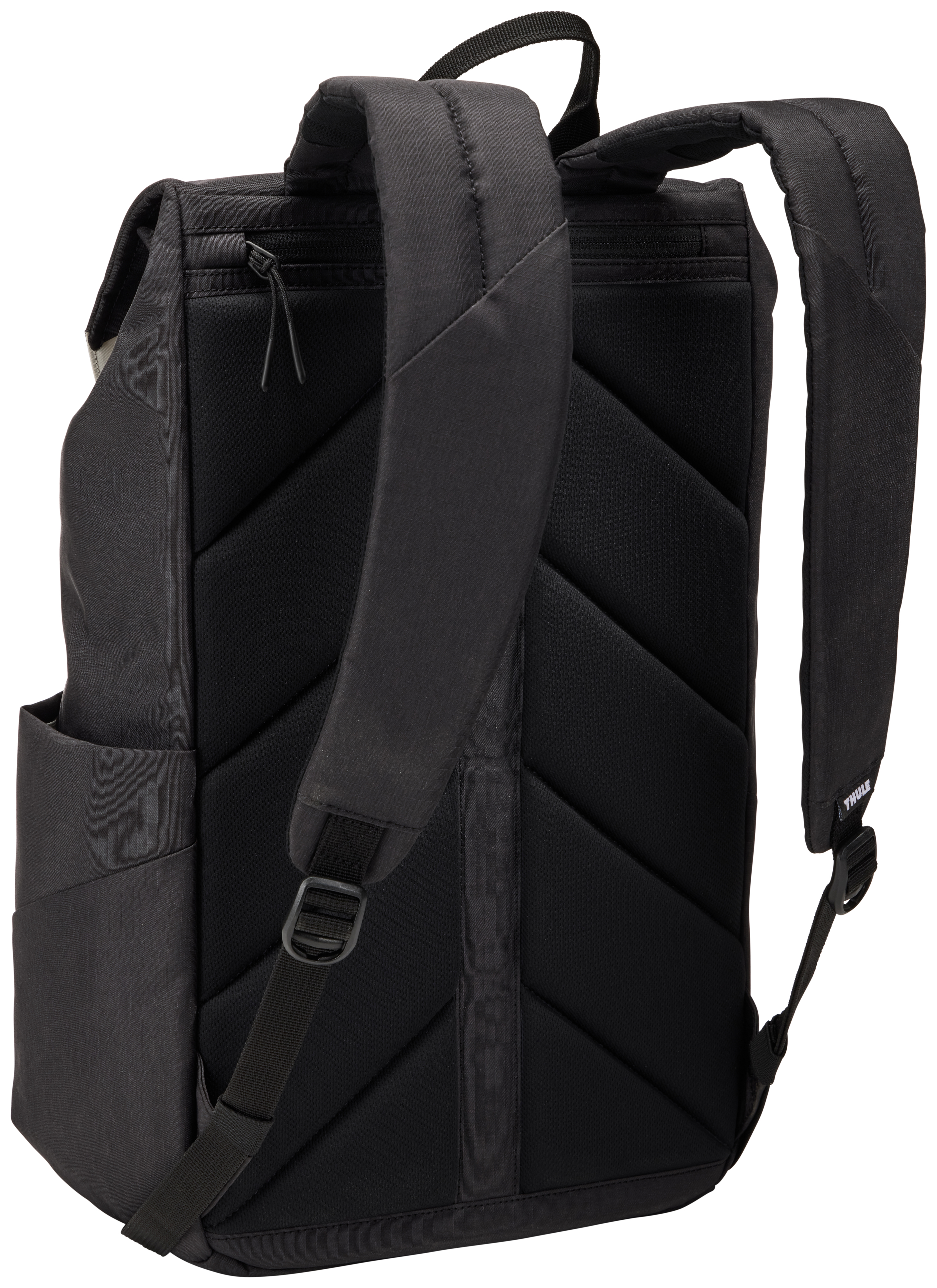 Schwarzer Rucksack von hinten. Hat zwei Schultergurte und einen oberen Griff.