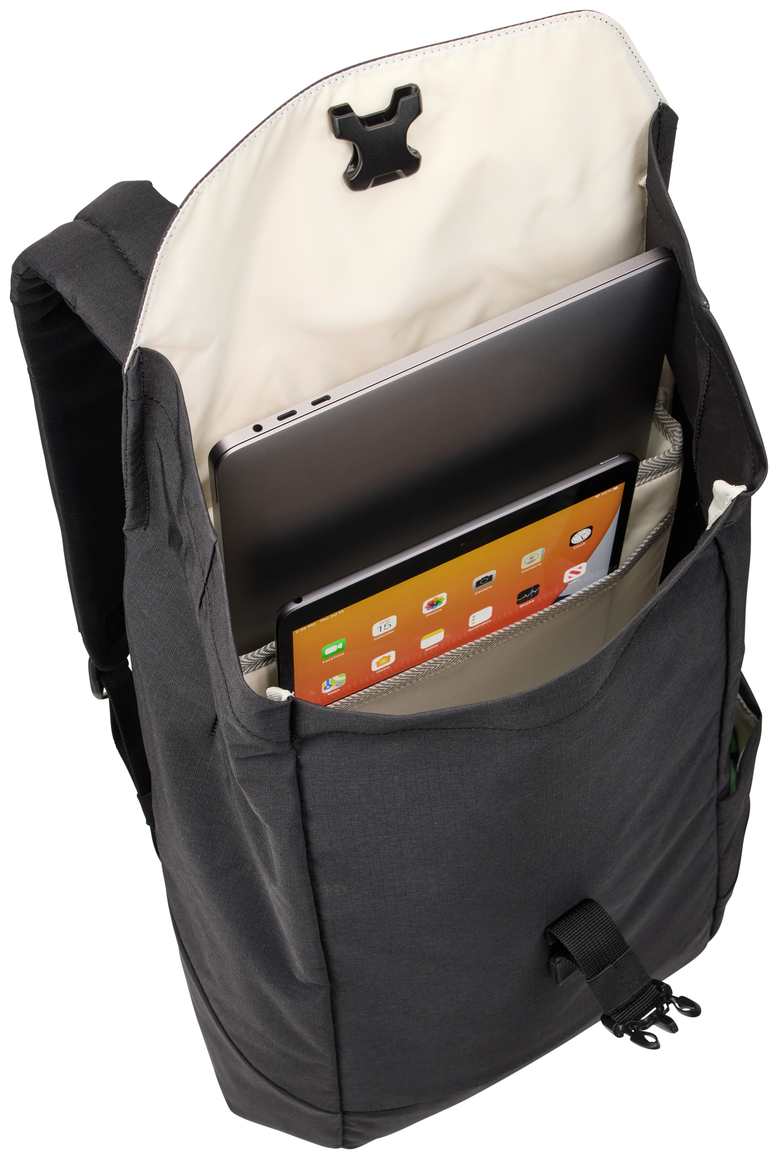 Rucksack mit Laptop und Tablet im Inneren, offene Ansicht.