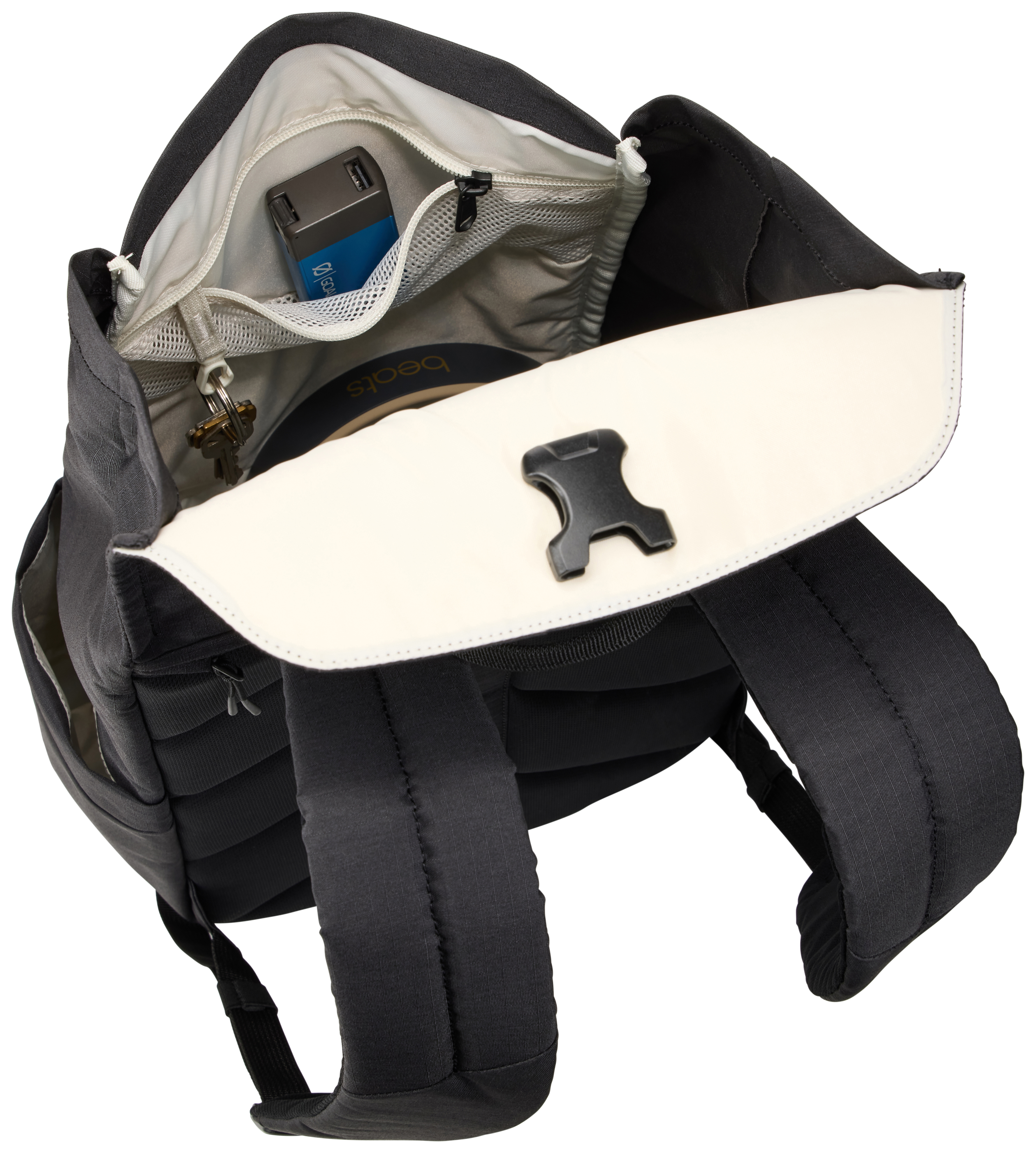 Ein schwarzer Rucksack, der sich öffnet, um ein weißes Innere zu zeigen.