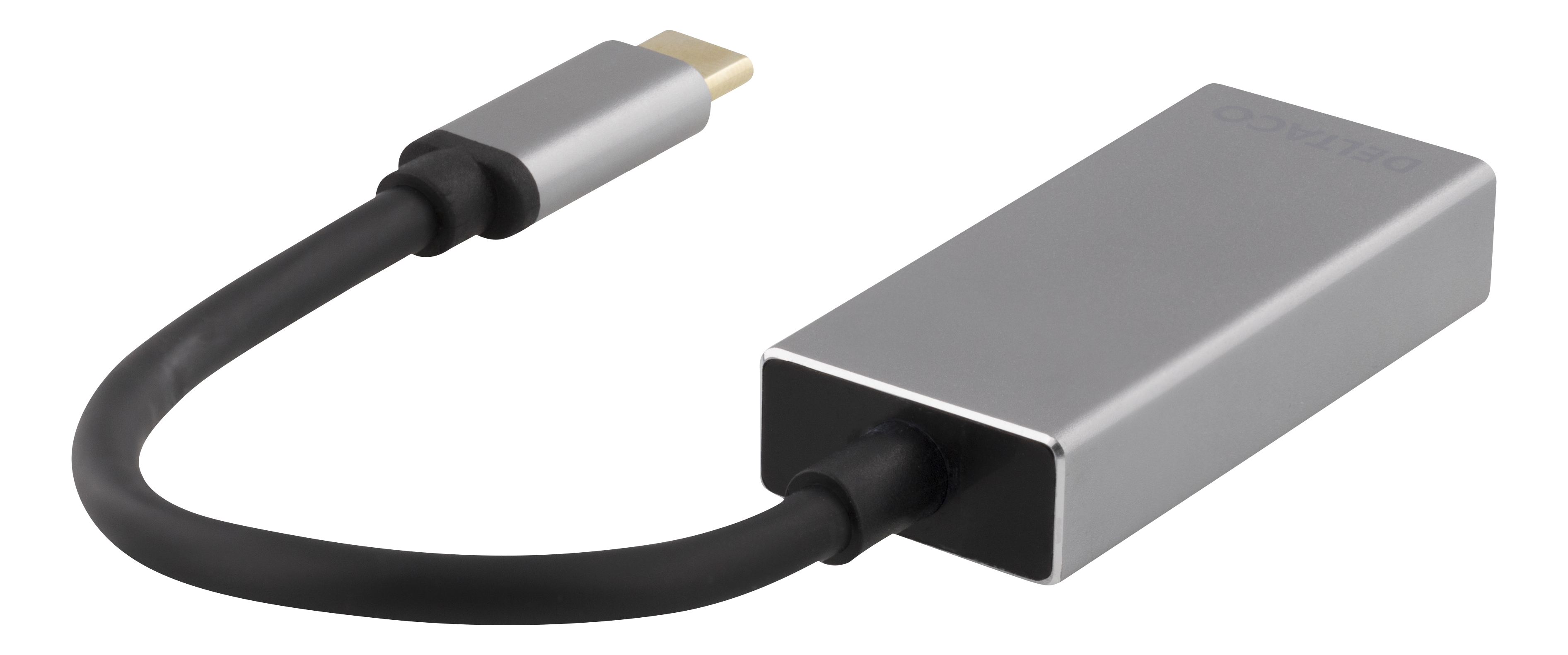 Silberner USB-C-Adapter mit schwarzem Kabel, auf weißem Hintergrund.
