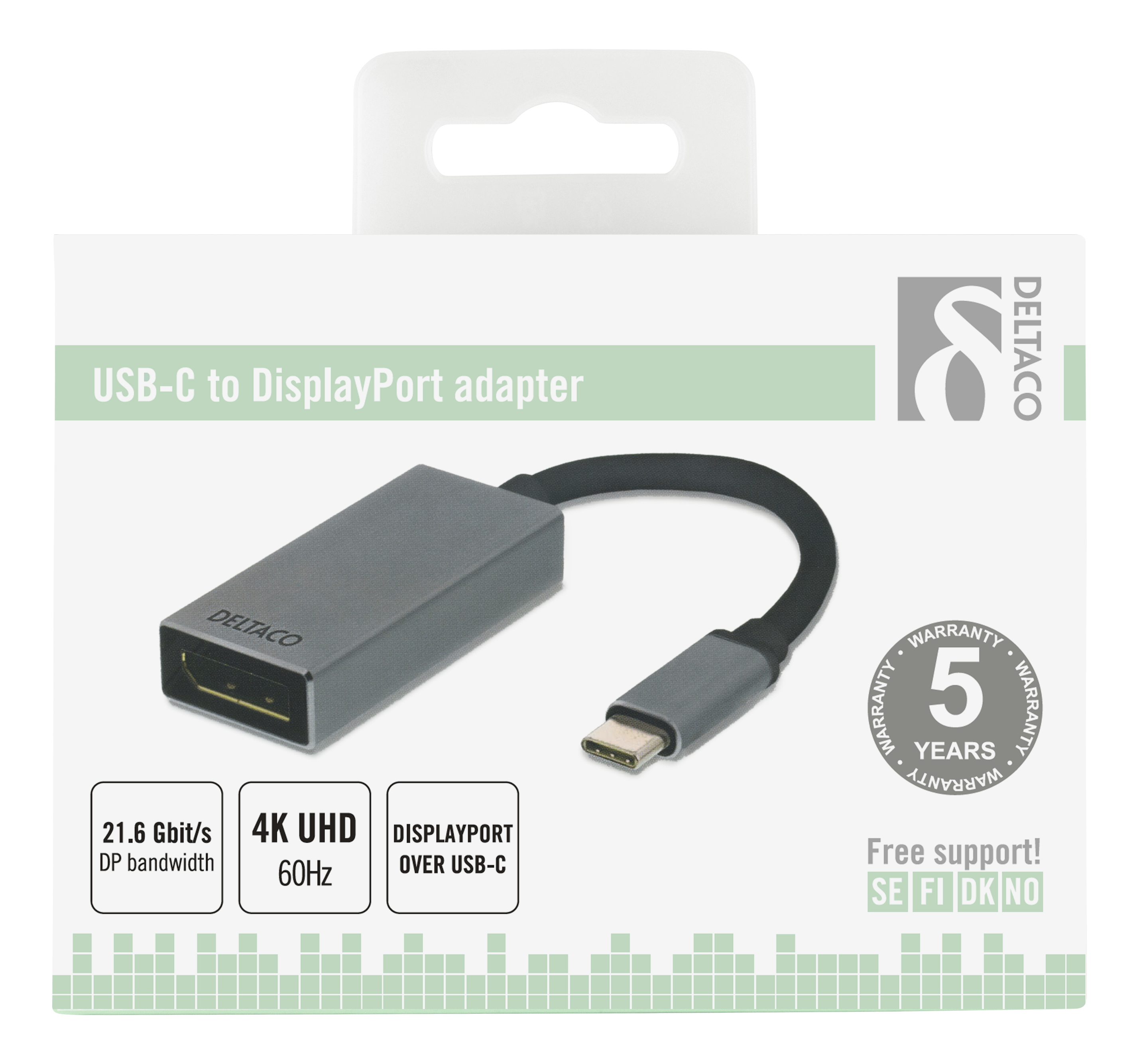 Grauer USB-C-zu-DisplayPort-Adapter in Verpackung. Produktinformationen werden angezeigt.