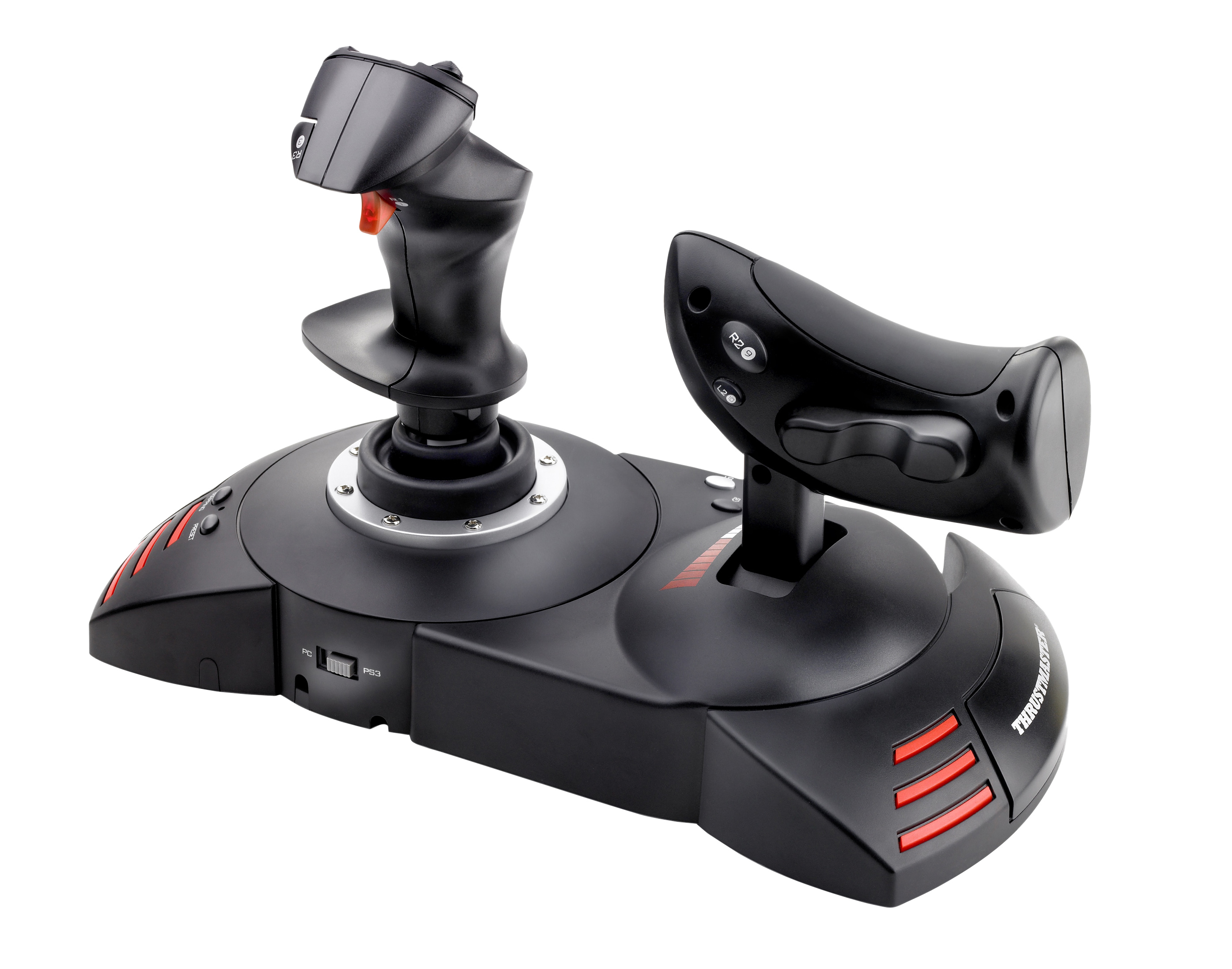 Un contrôleur de joystick et de manette des gaz noir et rouge.