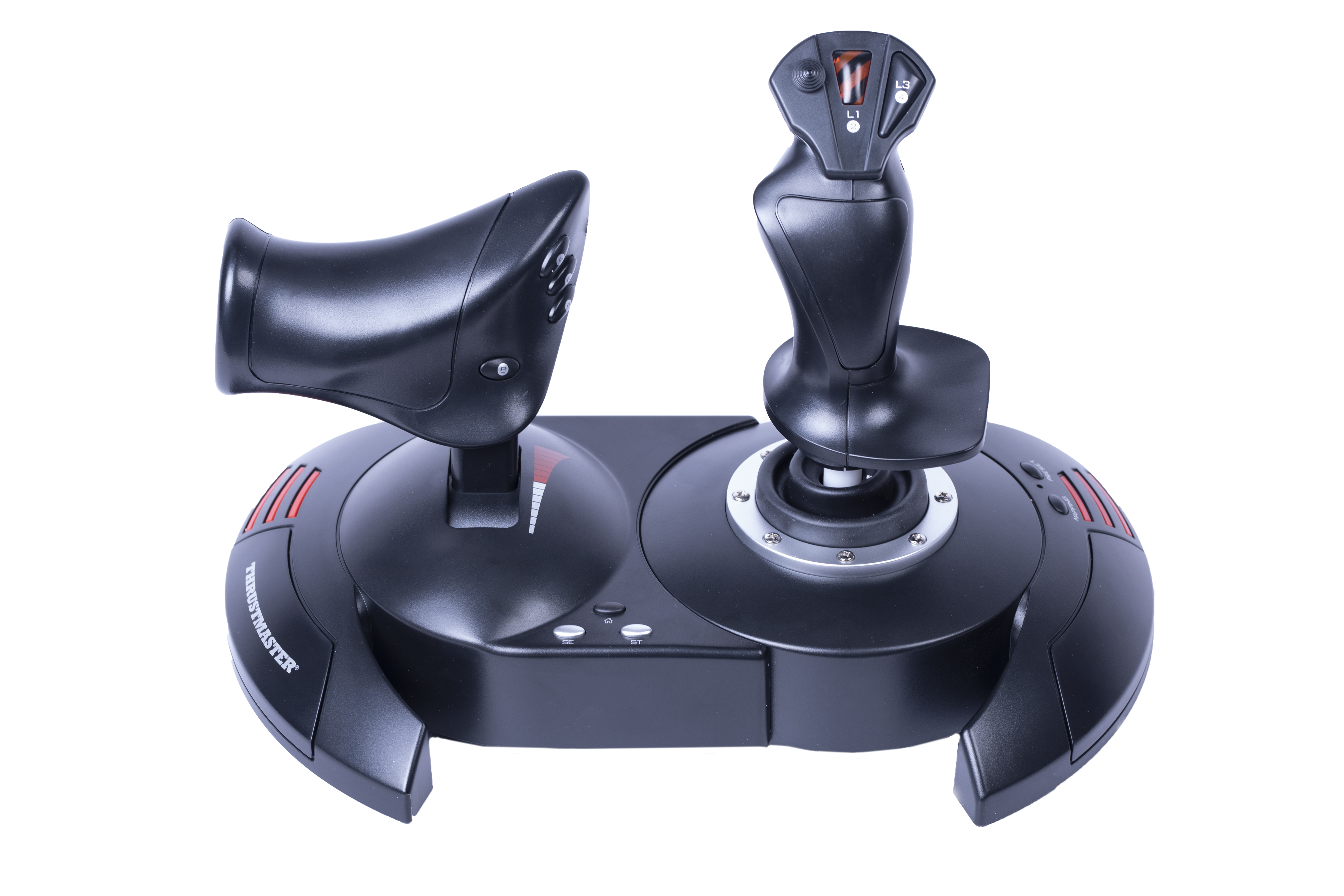 Manette de jeu noire avec des accents rouges sur fond blanc, avec deux manettes de contrôle.