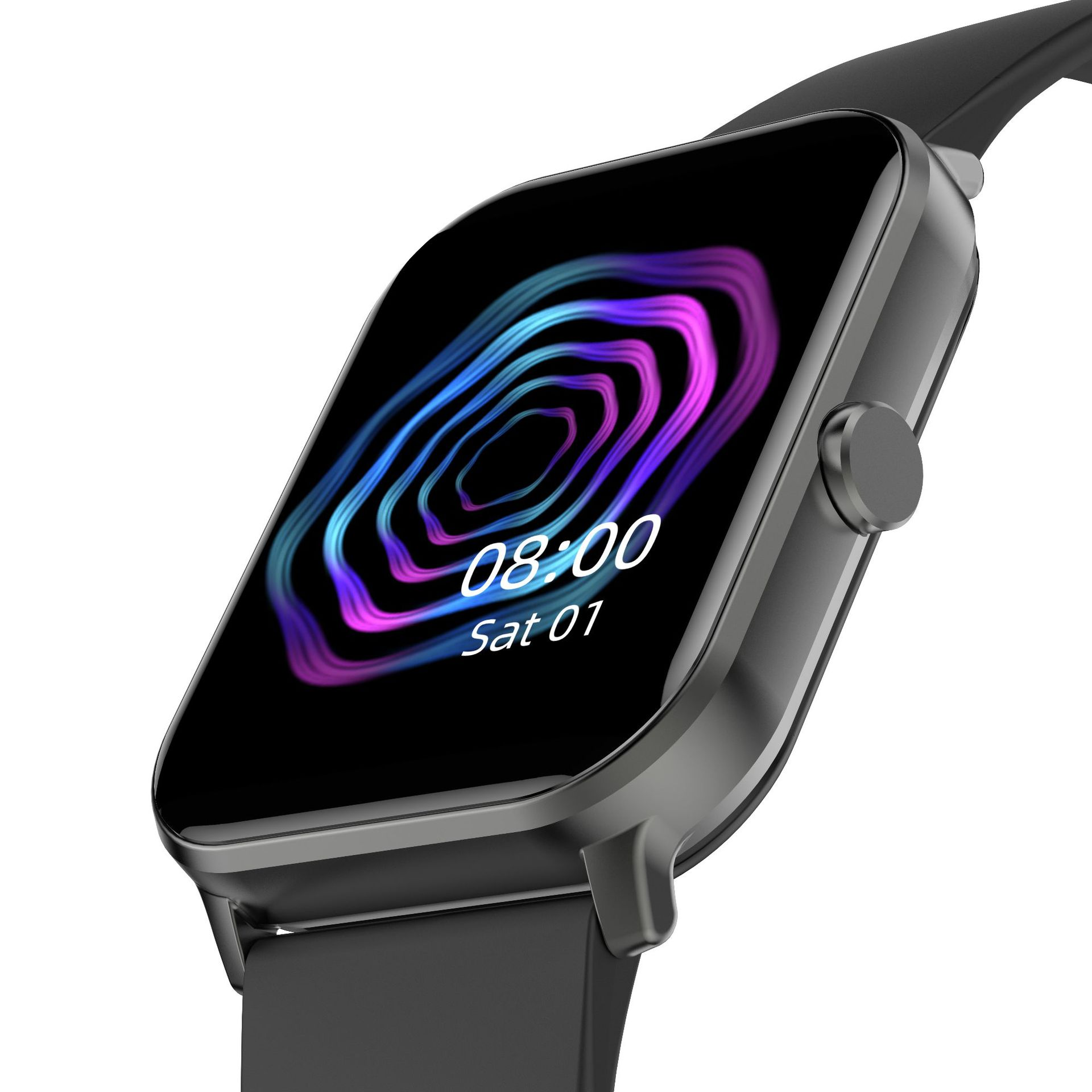 Schwarze Smartwatch mit farbigem Bildschirm, der Zeit und Datum anzeigt, schwarzes Armband.
