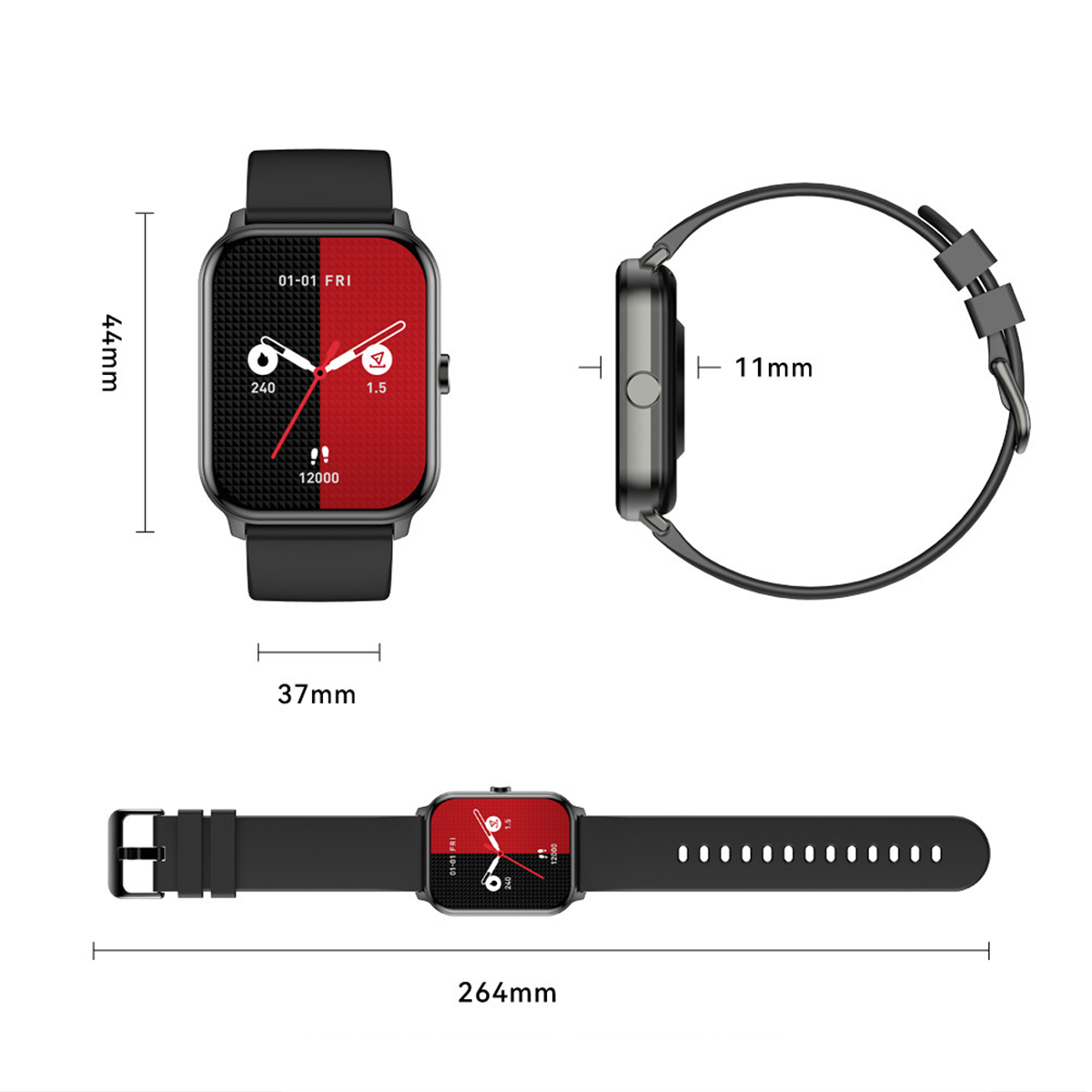 Smartwatch in Draufsicht, Seitenansicht und Unteransicht. Es hat ein schwarzes Armband.