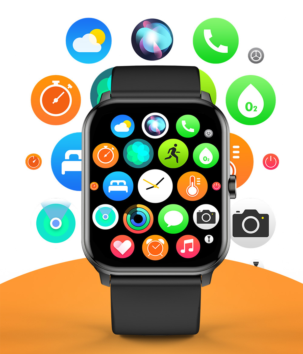 Smartwatch mit Icons auf dem Bildschirm. Die Icons sind farbenfroh, die Uhr ist schwarz.