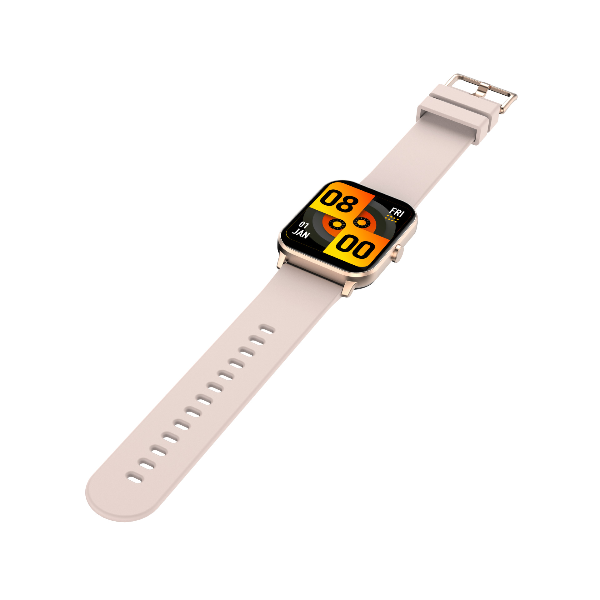 Eine beige Smartwatch mit quadratischem Zifferblatt, das Zeit und Datum anzeigt, auf weißem Hintergrund.