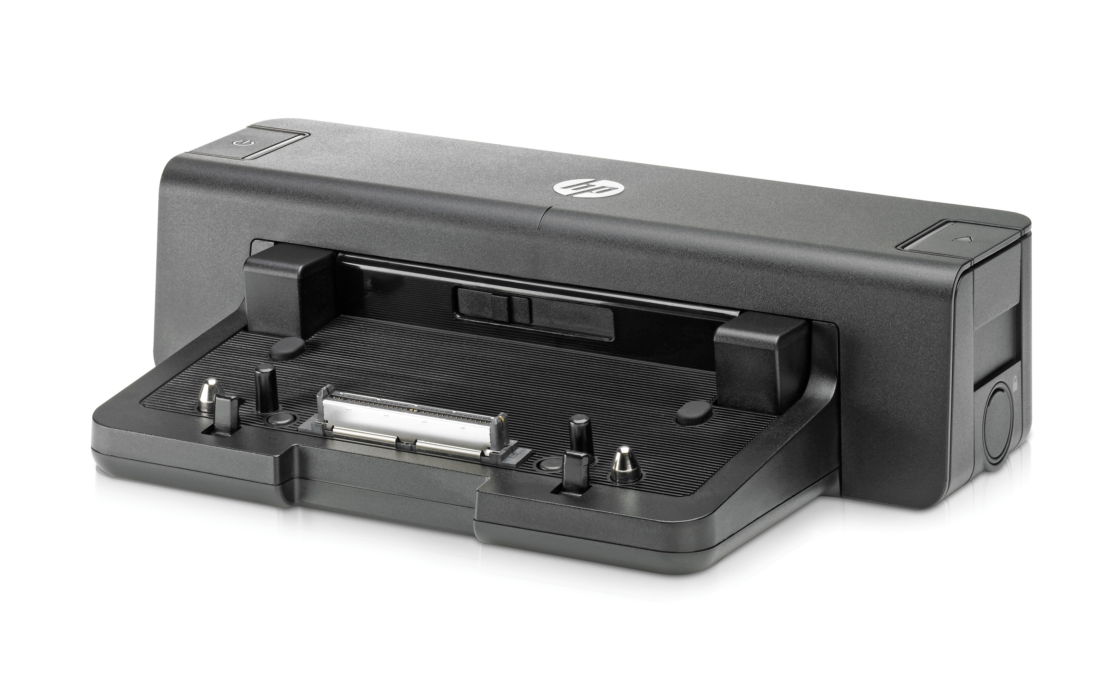 Docking station per laptop HP nera. Fronte aperto con porte, pulsante di accensione e logo HP.