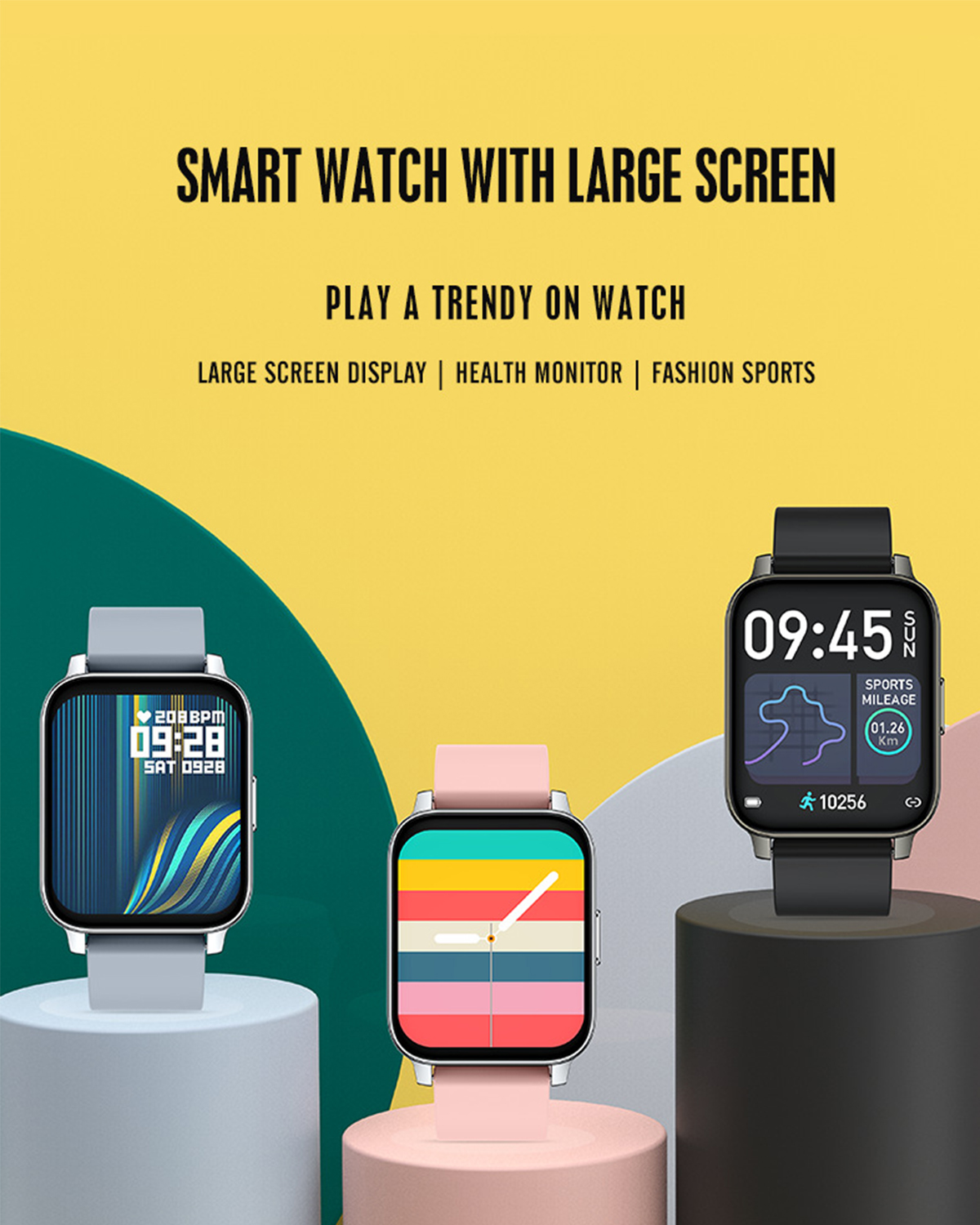 Drei Smartwatches mit unterschiedlichen Displays auf gelbem Hintergrund, mit Text über Funktionen.