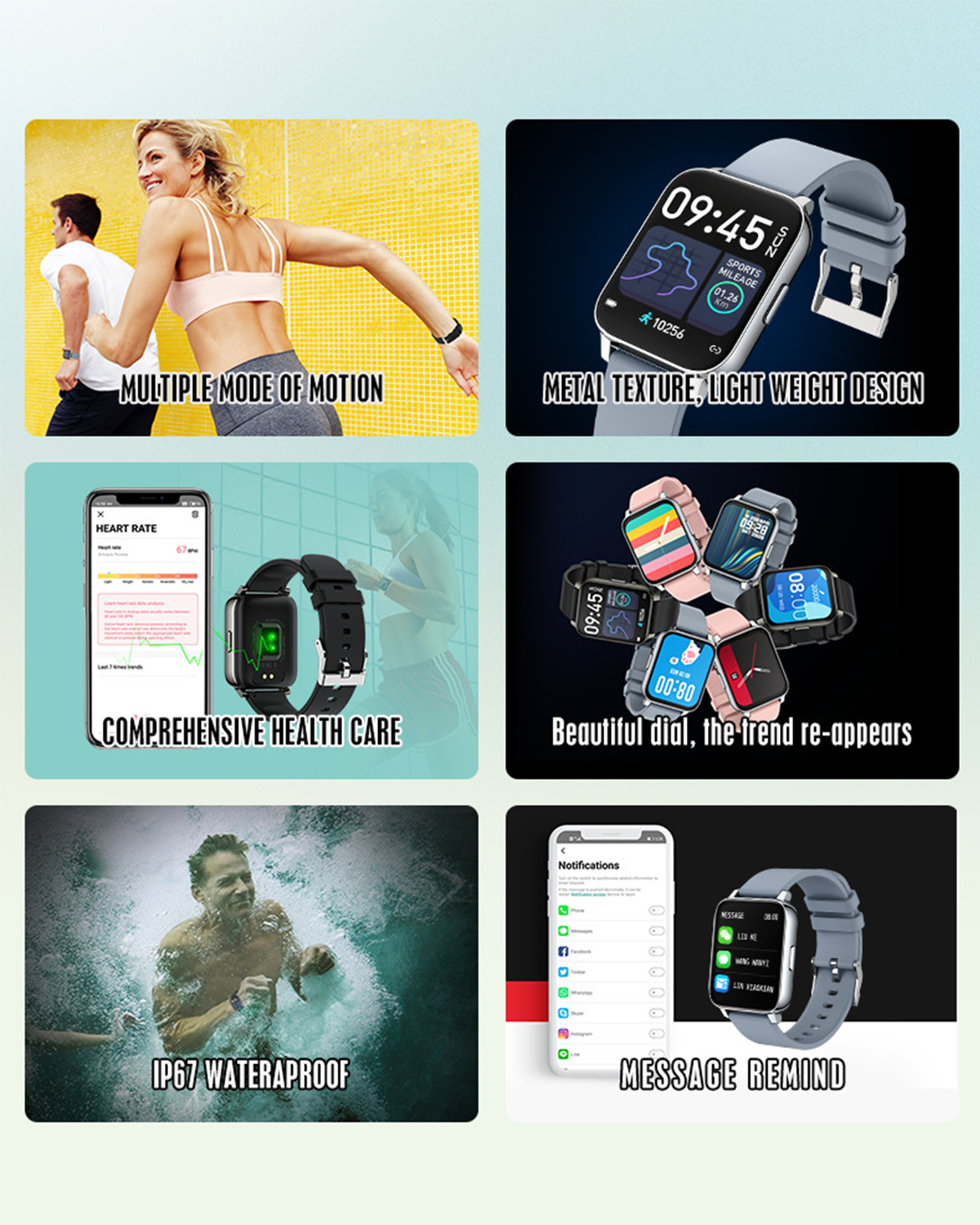 Eine Collage von Smartwatches, die verschiedene Funktionen und Designs zeigen. Text: Mehrere Modi.