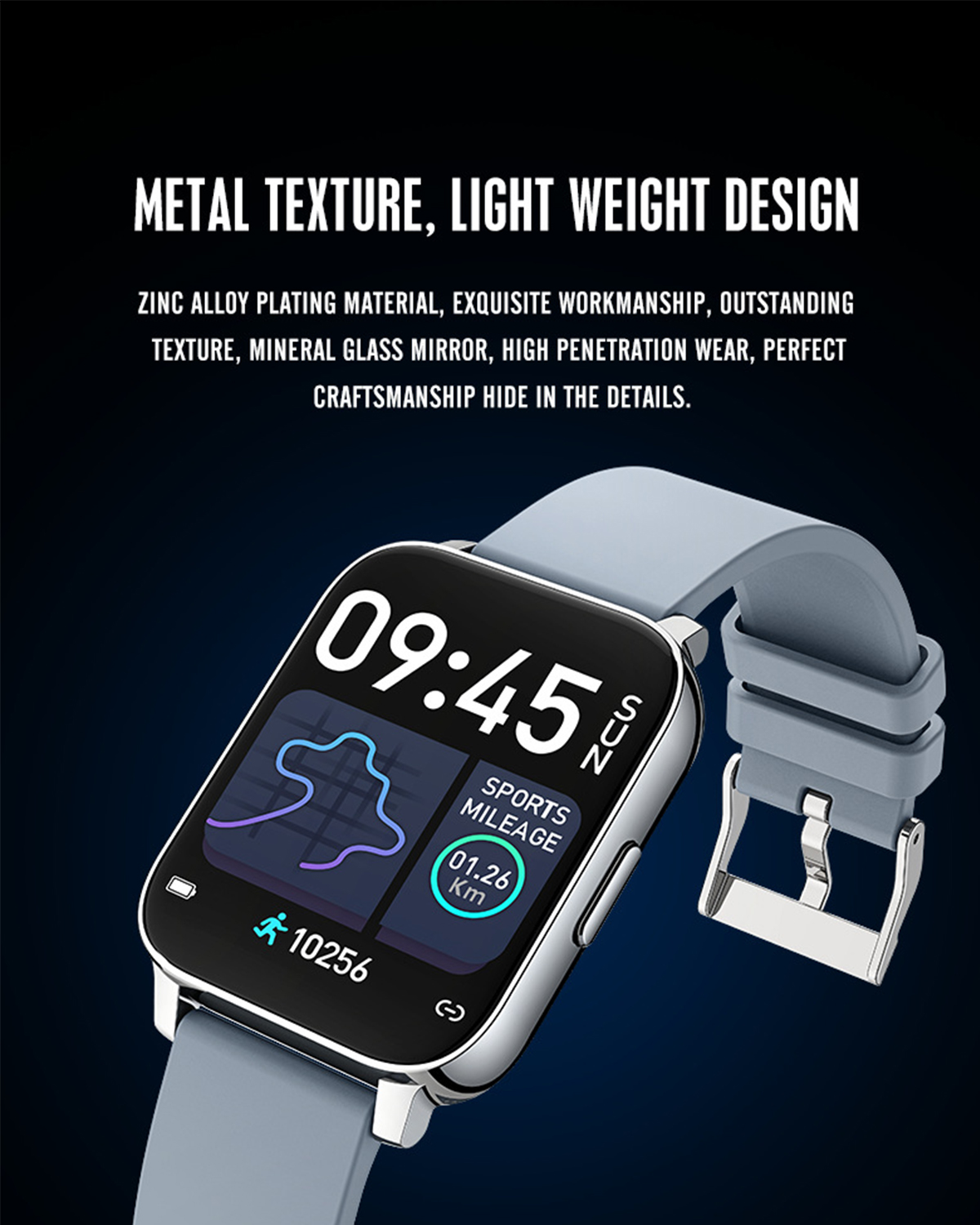 Eine Smartwatch mit grauem Armband, zeigt Zeit und Kilometerstand. Der Hintergrund ist dunkelblau.
