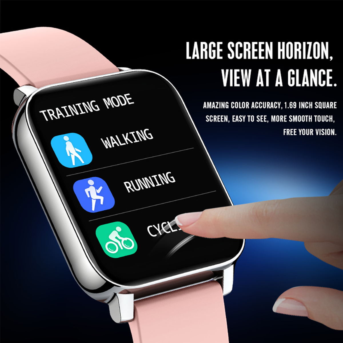 Smartwatch mit pinkfarbenem Armband, das den 'Trainingsmodus' mit Geh-, Lauf- und Radfahrsymbolen anzeigt.