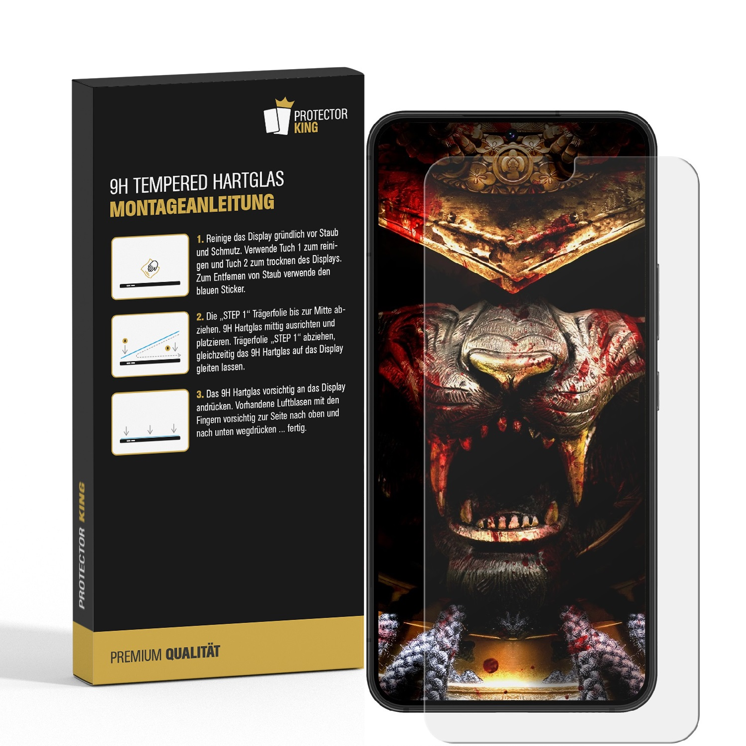 Ein Telefon mit Displayschutzfolie und eine Box mit Anweisungen. Box mit 'PROTECTOR KING' Text.