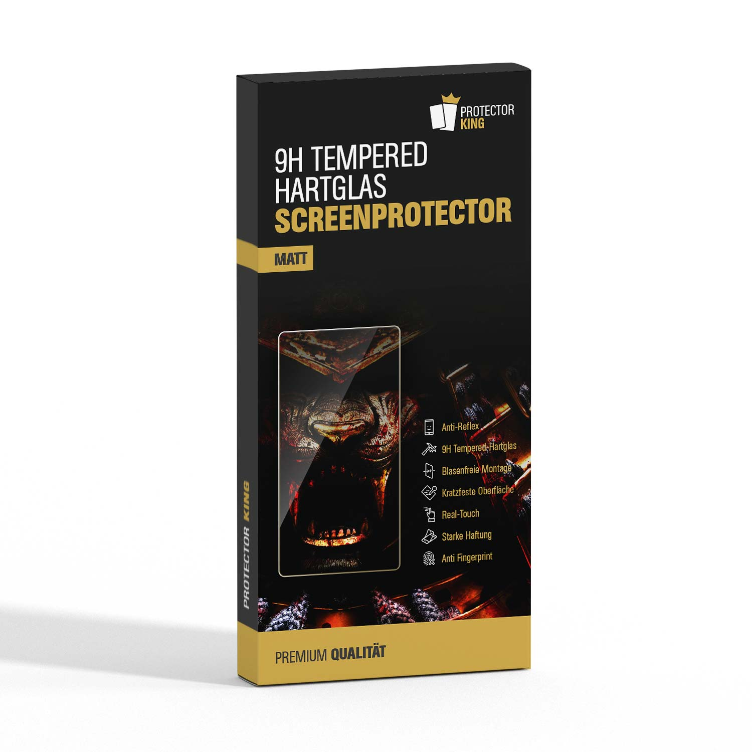 Schwarze und rote Schachtel eines Displayschutzes mit Text und Telefonbild.